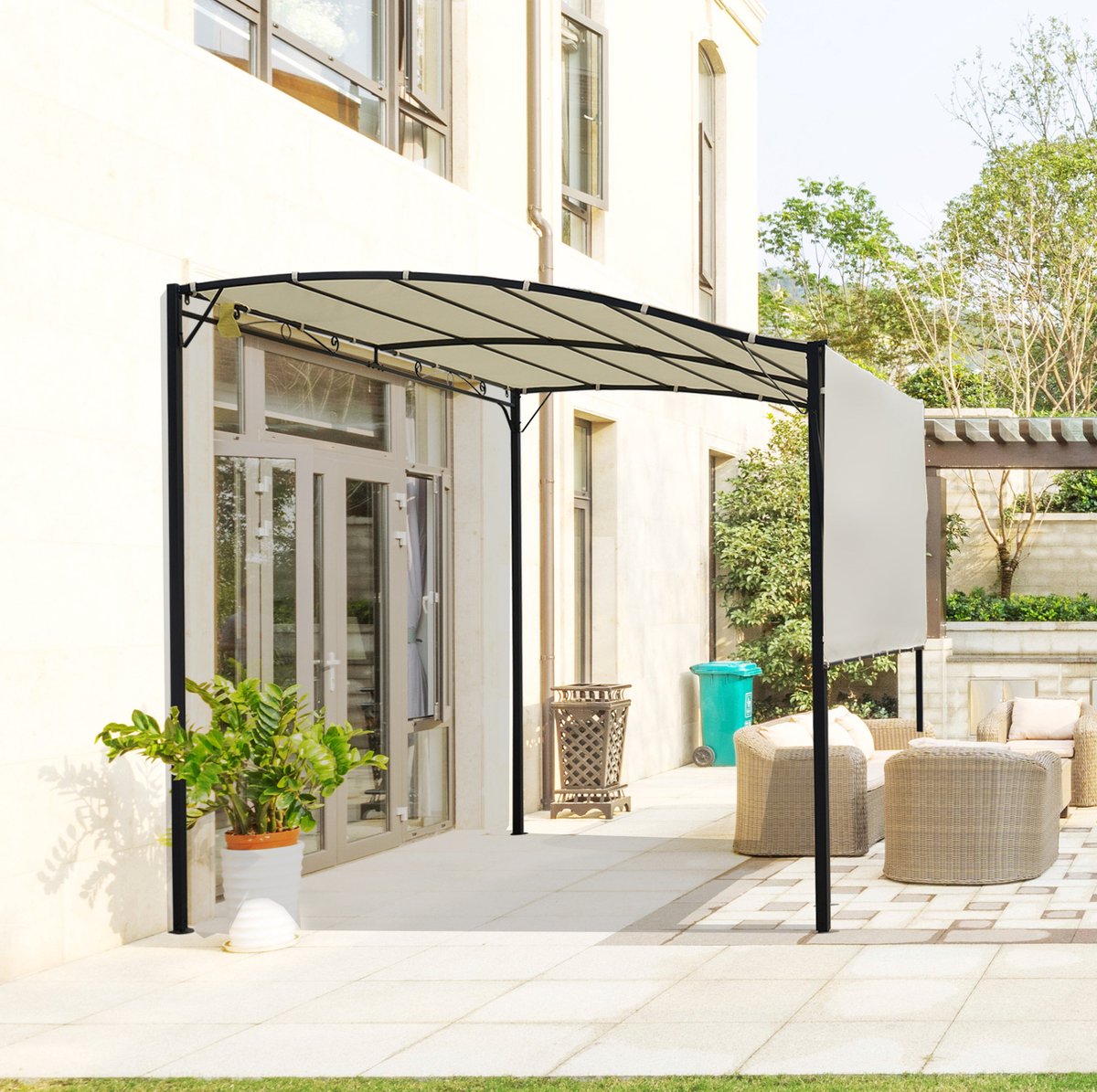 MEUNIQ Pergola 300 x 250 cm met verstelbaar klapdak, wandmontage, stalen frame en polyester dak voor terras of tuin, crèmewit en zwart