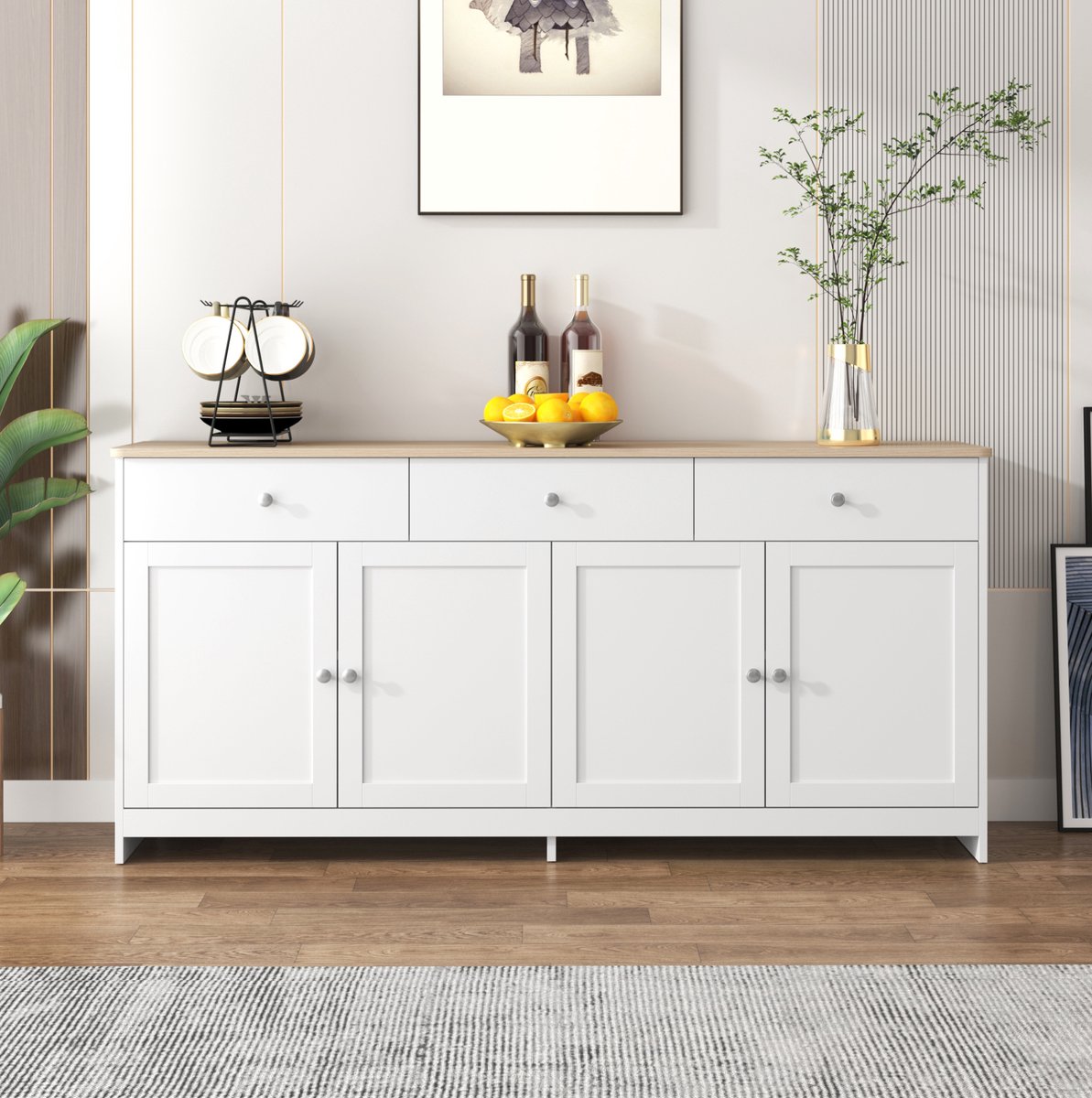 MIVRAY Dressoir - Landelijke Opbergkast Met 3 Lades En 4 Deuren - Voor Woonkamer En Eetkamer - MDF Wit En Houtkleur - 160x37x75 Cm