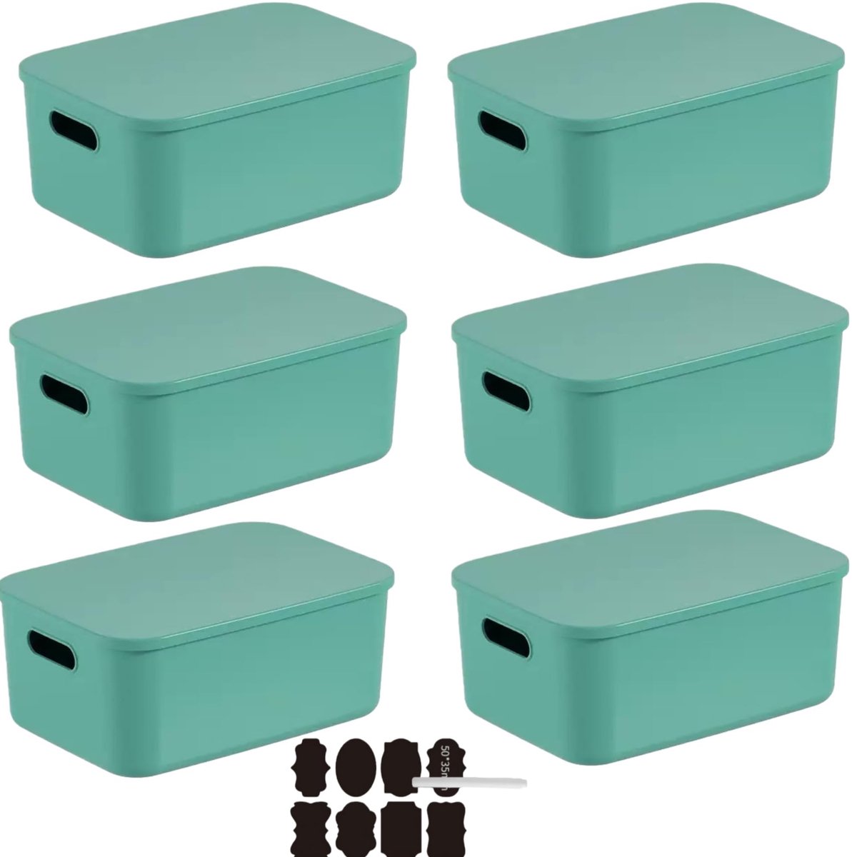Set van 6 Opbergdozen met deksel, Stapelbare Opbergbakken met deksel, Kunststof Opbergdozen, Opbergdozen voor rekken, Keuken, Badkamer (Groen, 36.5x*26x15.7cm)