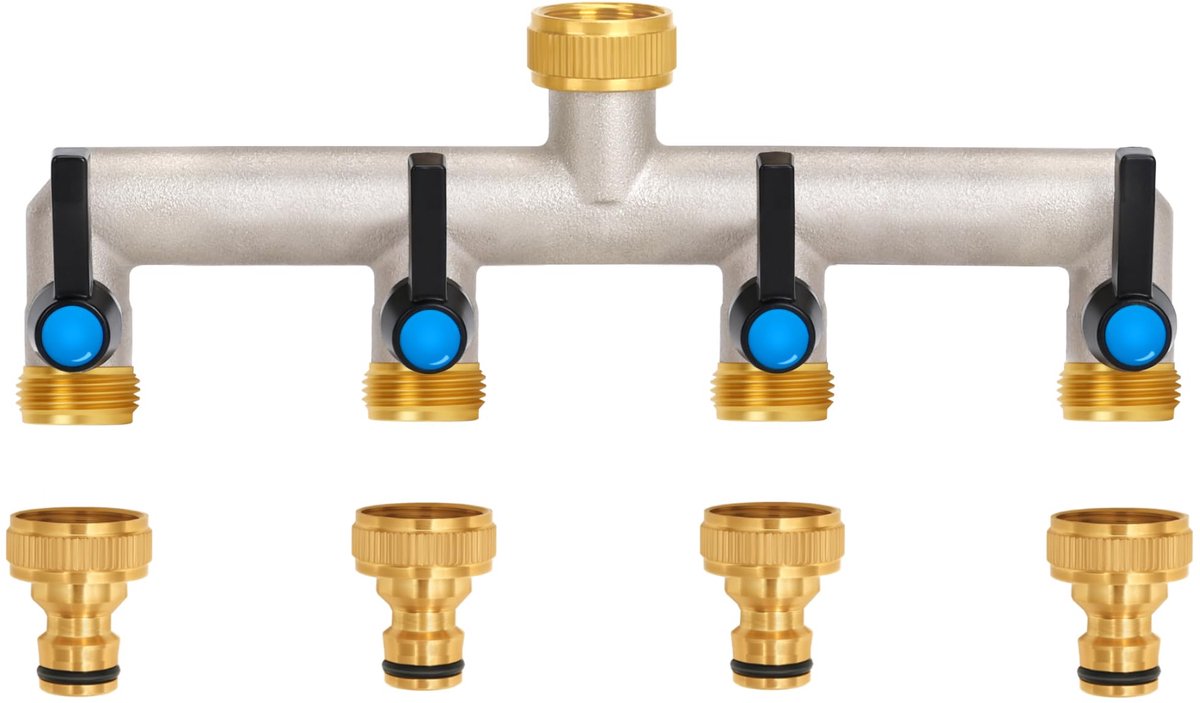 4-weg waterdispenser, verlengde handgreep, 3/4 inch messing waterdispenser met afzonderlijke afsluitkranen, 4 dispensers 3/4 inch 1/2 inch adapter voor