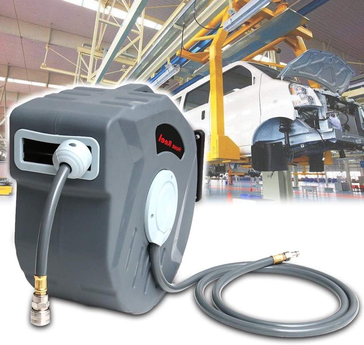 Perslucht slanghaspel - Slanghaspel compressor - Werkplaats organiseren - Automatische terugrolfunctie - 20 meter - Grijs