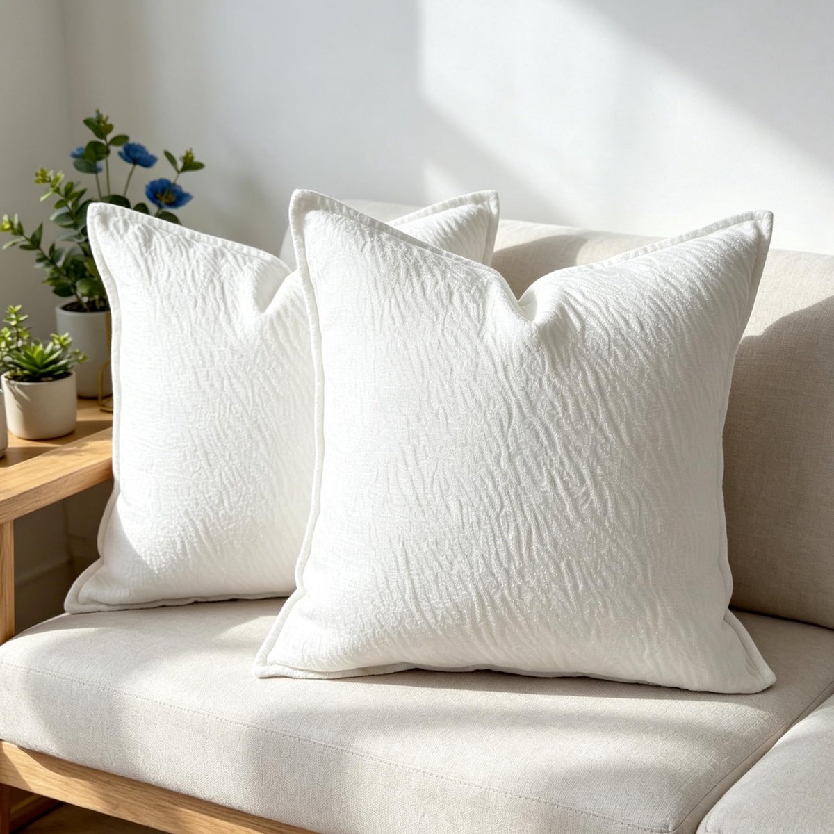 Getextureerde chenille kussenslopen 45 x 45 wit 2 stuks zachte vierkante kussenslopen luxe neutrale kussensloop decoratieve kussens moderne bank woondecoratie