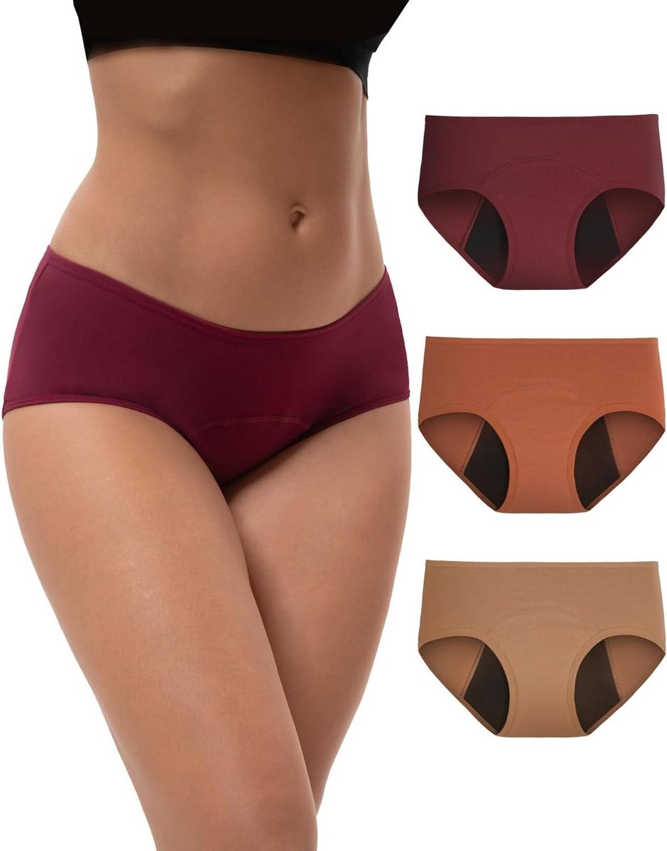 Menstruatie Ondergoed - Dames Slips - Comfortabele Bescherming - Vierlaags Lekvrij - Pack van 3 - Wijnrood Bruin