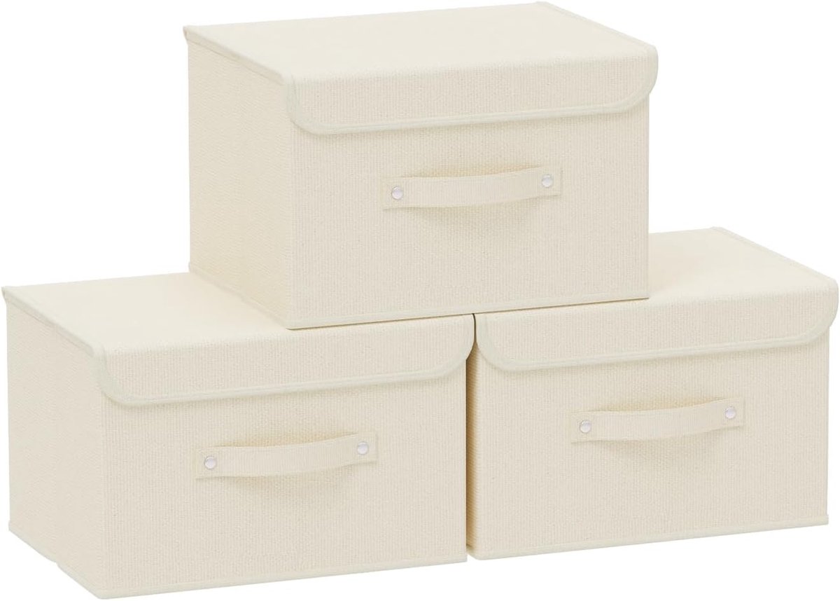 opbergdozen, kledingkastorganizer met klapdeksel en handgrepen, kubusbakken voor het organiseren van huis, kantoor en kast, beige, 3 stuks, 26 x 20 x 17 cm