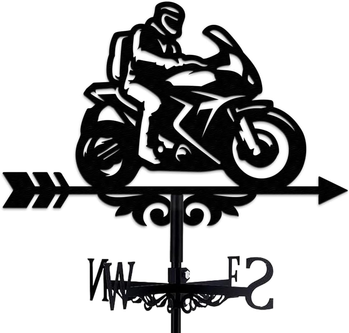 Motorfiets weervaan vintage zwarte motorfiets weervaan rit metalen weervaan motorfiets windvaan holle windrichtingsindicator voor buiten tuin dak decor 13.75"x10.6"/35CMx27CM
