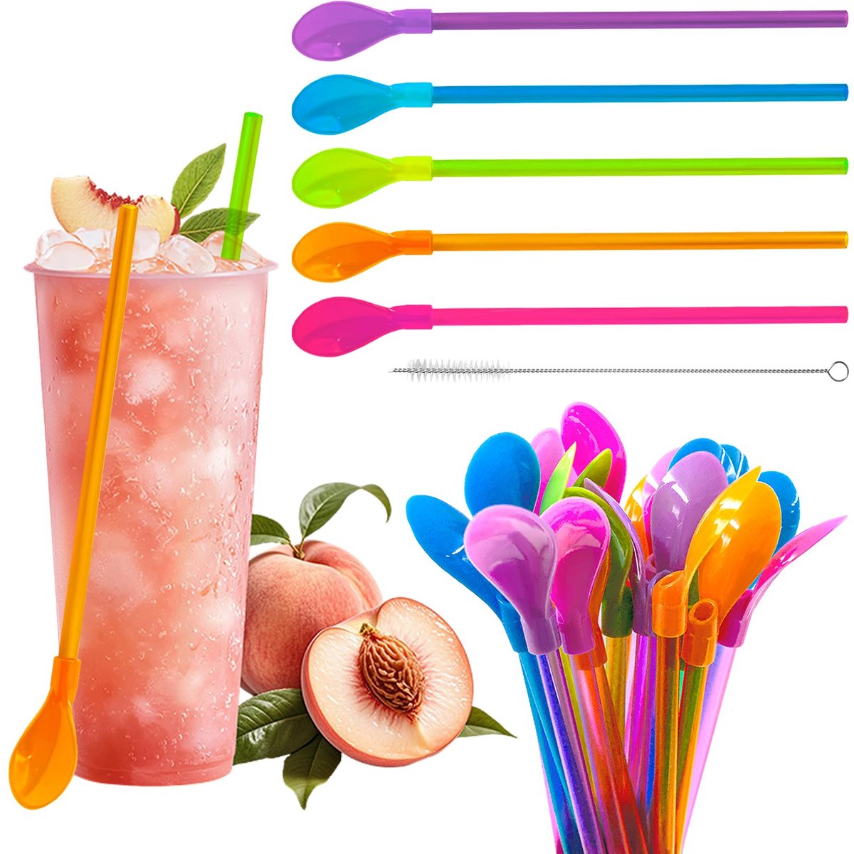 30 stuks rietjes, lepels, 2-in-1 lepelrietjes, herbruikbare plastic rietjes, lepel, latte macchiato-lepels, lepelrietjes voor latte, milkshakes, smoothies, cocktails