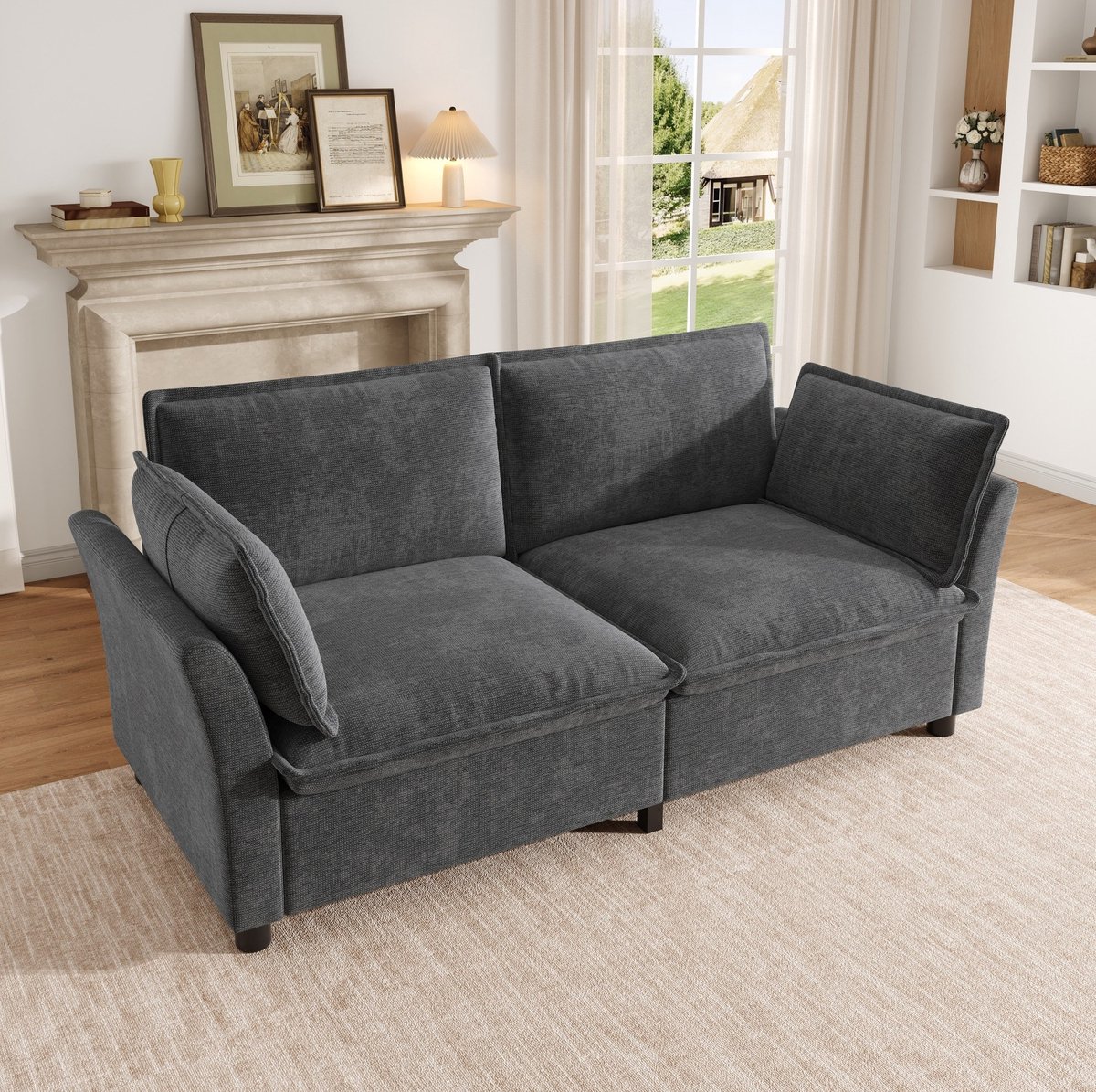 HAUSS SPOLE Zitbank - 2-Zits Sofa - Met Dikke Zachte Kussens En 2 Armleuningkussens - Voor Woonkamer En Slaapkamer - Chenille Grijs