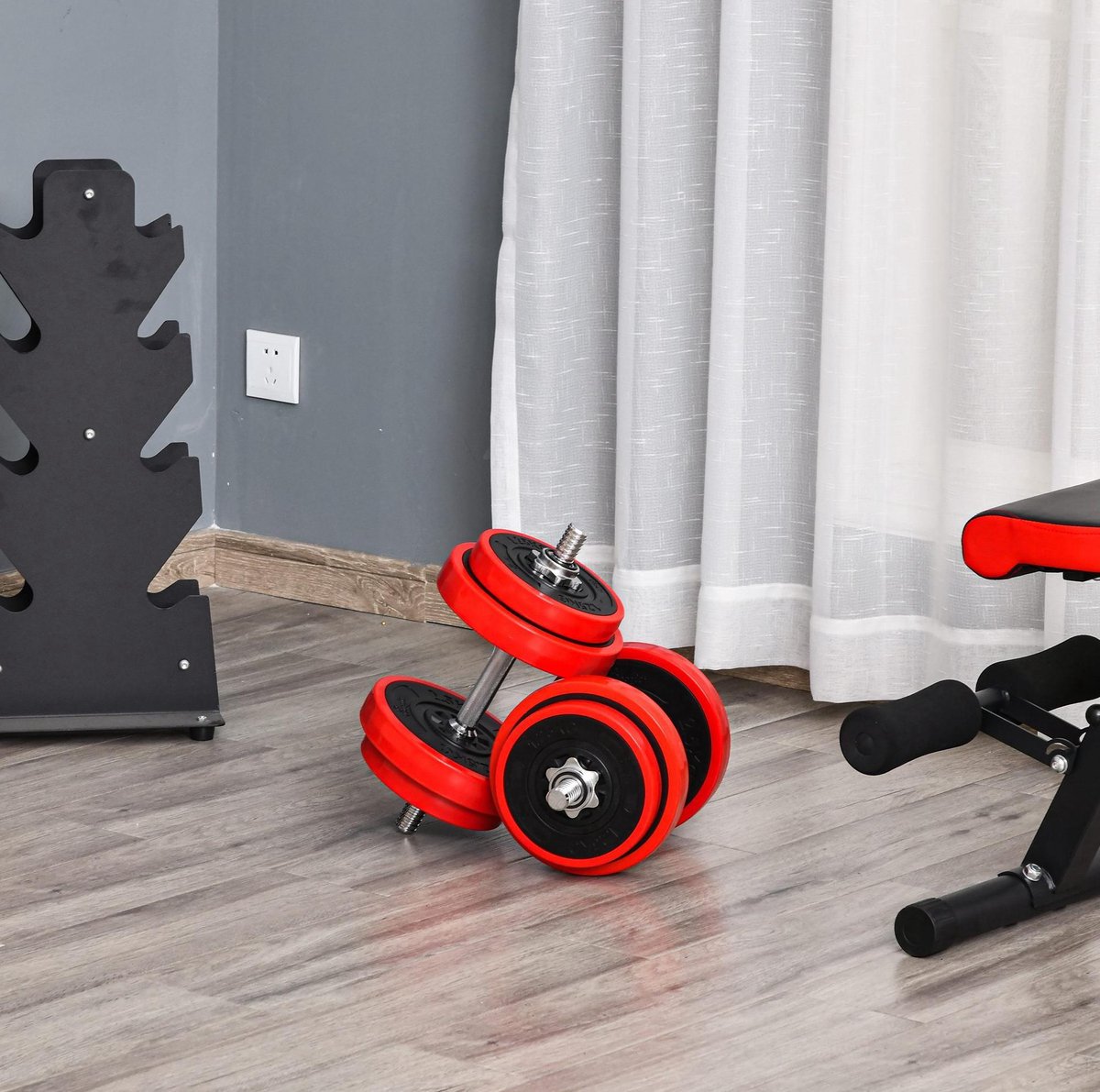 MEUNIQ Halterset 20 kg verstelbaar 2-in-1 dumbbell set en barbell set voor thuisfitness, met gewichtsplaten, verbindingsstang en sluitingen, rood