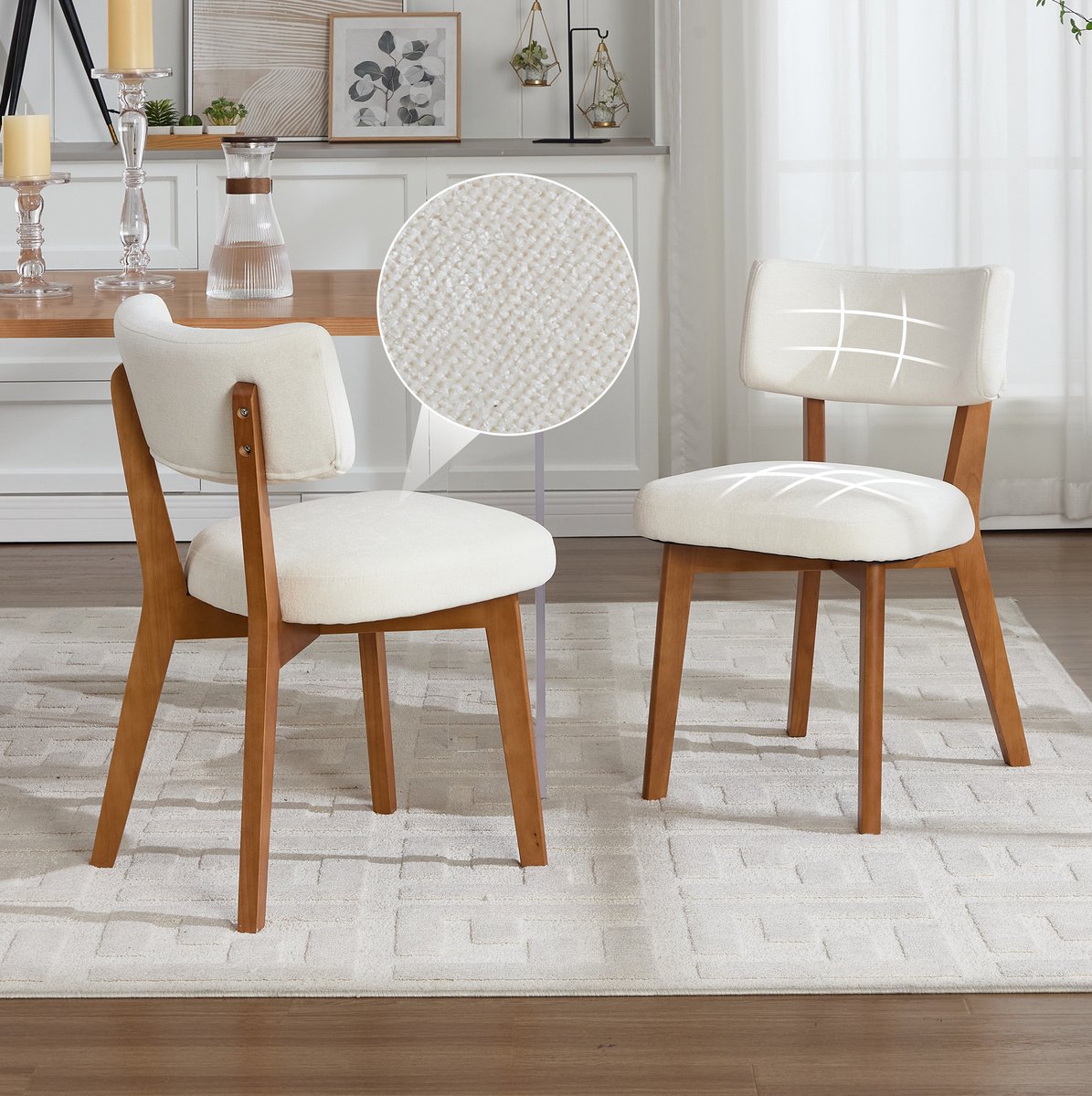 DESMIU Eetkamerstoel Set Van 2 - Mid Century Stijl - Beige Stoffen Zitting Met Massief Houten Poten - Voor Eetkamer, Woonkamer En Kantoor - Beige