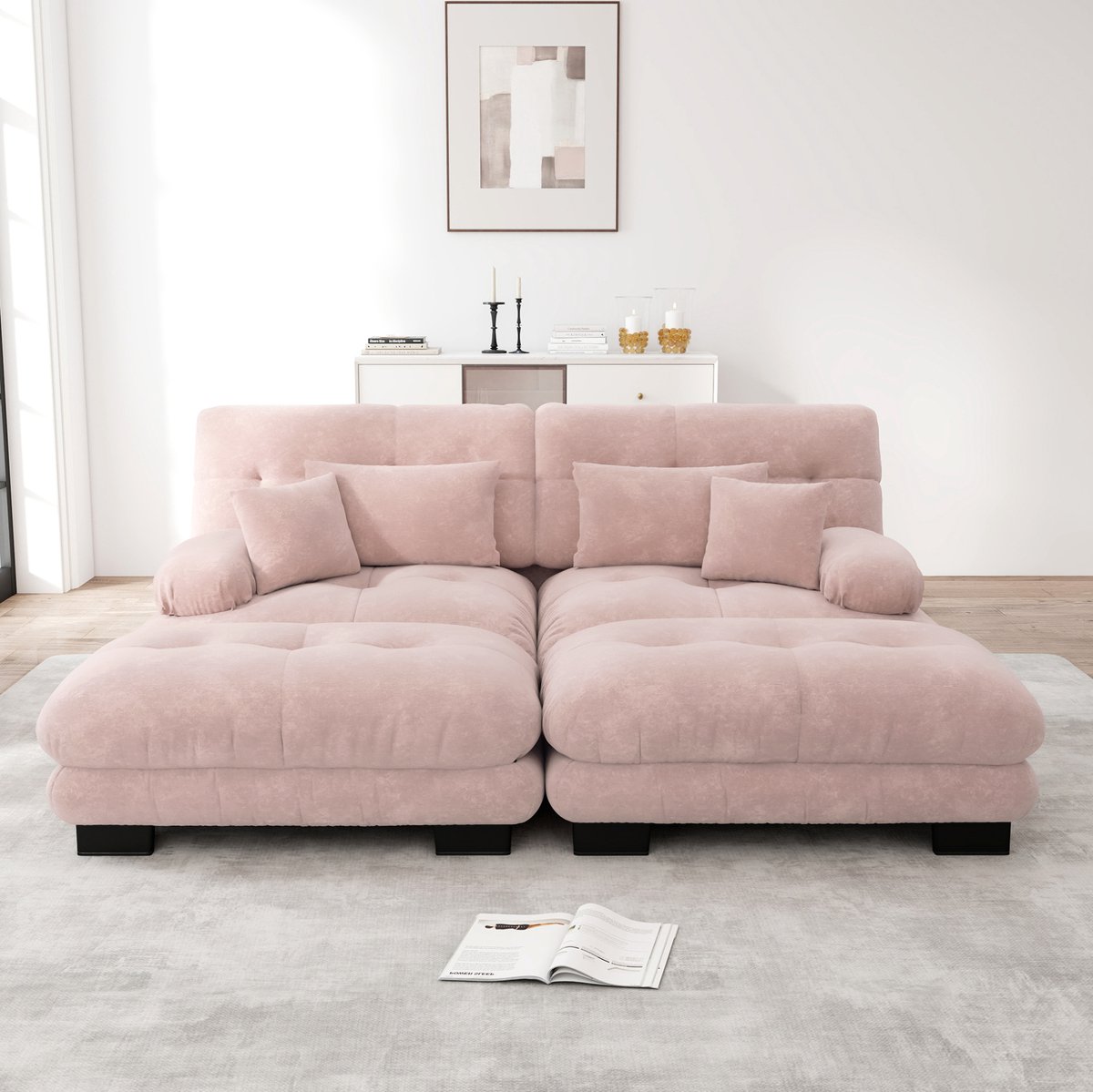 FloraGrace Hoekbank 220 x 145 x 81 cm - Modulaire Cloud Bank Met 2 Ottomans En 4 Kussens -