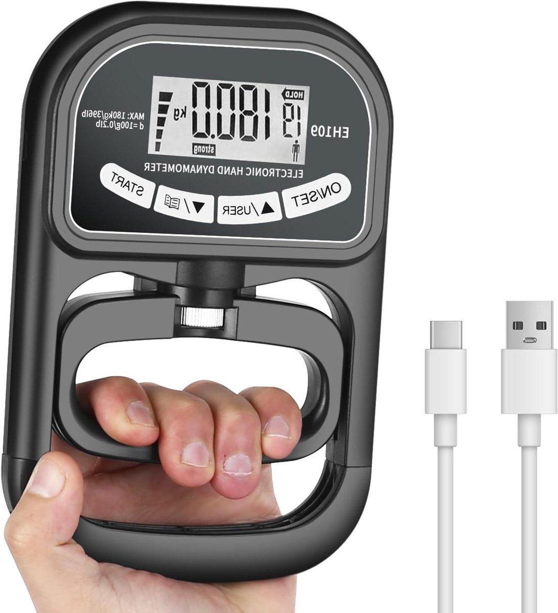 Digitale handkrachtmeter - Grijpkrachttrainer dynamometer - Kracht meten - Verstelbare handgreep - 180 kg - Zwart