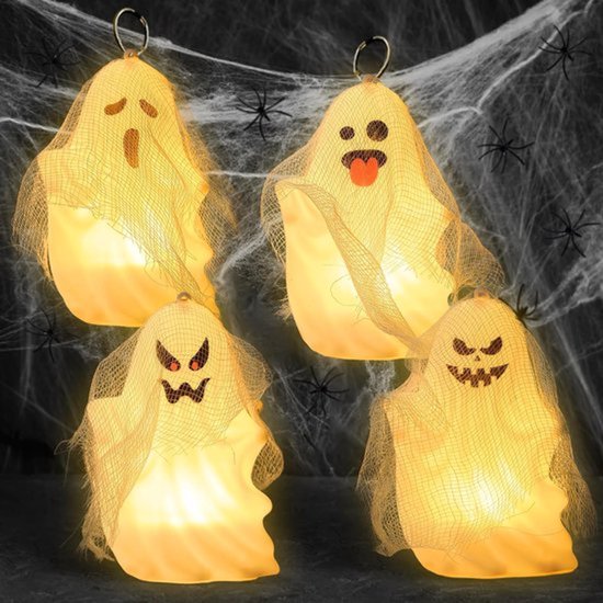 Halloween decoratieve verlichting spook - 4 stuks Halloween lichtkettingen spinnen met spinnenwebben en spinnen - led-spooklichtketting - Halloween-spookornamenten - decoratie voor Halloweenfeest en tuin