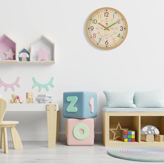 Kinder Leerklok - Wandklok Tijd Leren - Kinderen Tijd Leren - Stille Beweging - 30 cm - Multicolor van kinder — afbeelding 2