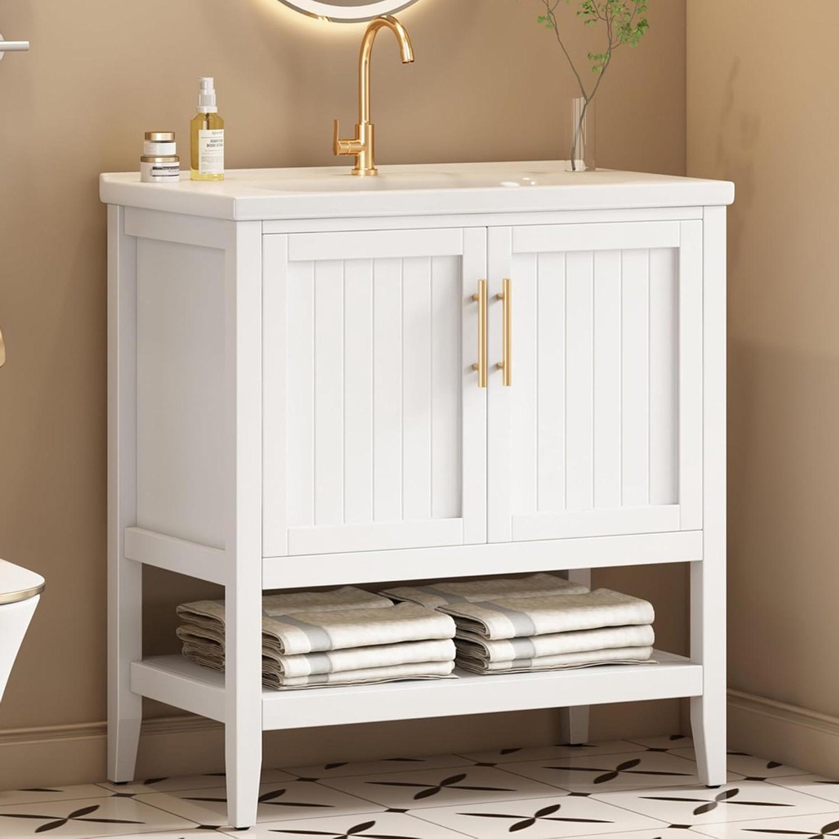 Badkamermeubel Wasbak - Wastafelkast Onderbouw - Badkamer Opbergen - Keramische Wasbak - 80 cm - Wit