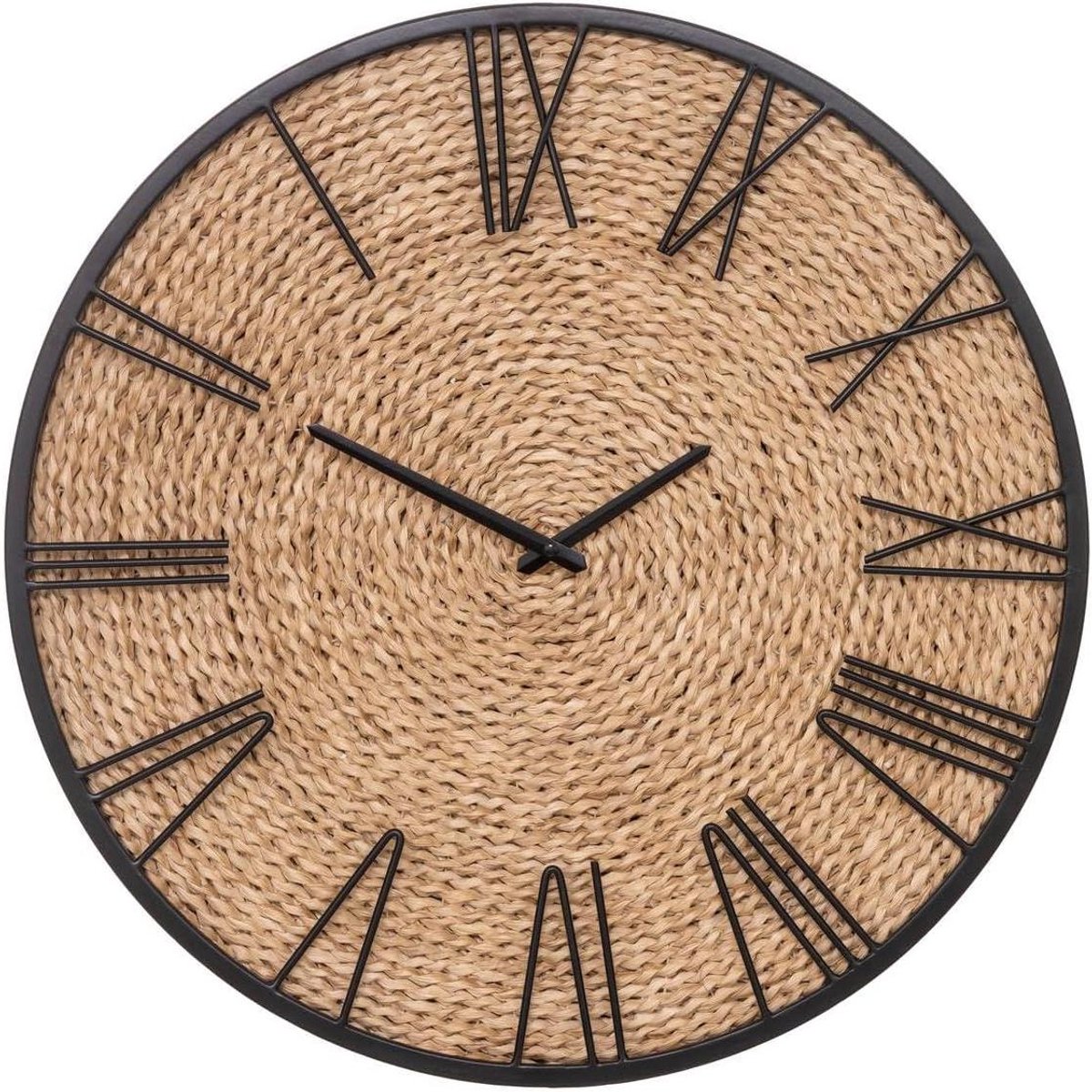 Wandklok Metaal Rietje - Klok Riet - Woonkamer Decoratie - Geluidsarm Uurwerk - 50 cm Diameter - Beige