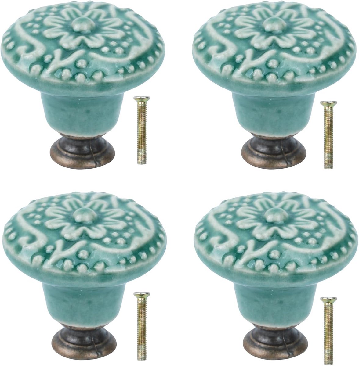 Set van 4 meubelknoppen, keramiek, vintage, ronde ladeknoppen met reliëfpatroon, retro kastknoppen voor commode, lade, keukenkast, inclusief schroeven