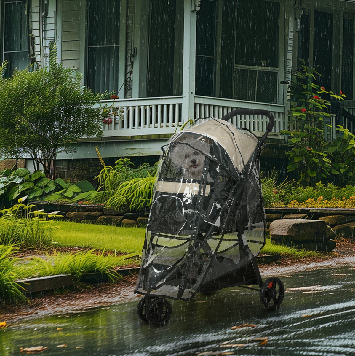 MEUNIQ Hondenbuggy opvouwbaar met regenhoes, 80,5 x 51,5 x 100 cm, tot 10 kg, met netvensters, ritssluiting, opbergmand en staalframe, khaki
