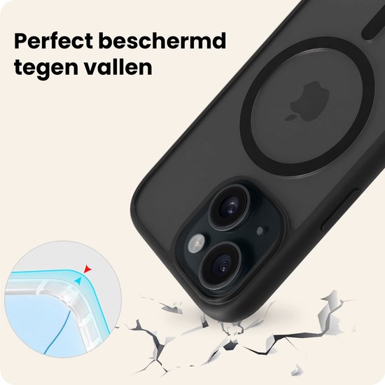 Zwarte Magsafe hoes voor iPhone 14, beschermt tegen vallen met verdikte hoeken.
