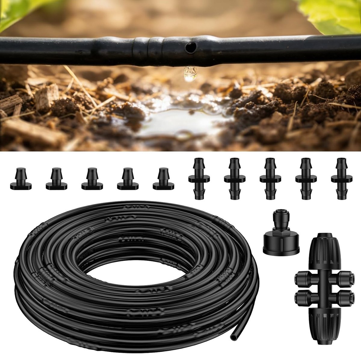 6.35 mm druppelslang voor irrigatie (15 m rol) met 12 delen, PE druppelslang voor tuin, waterbesparende druppirrigatie met 15 cm tussenruimte