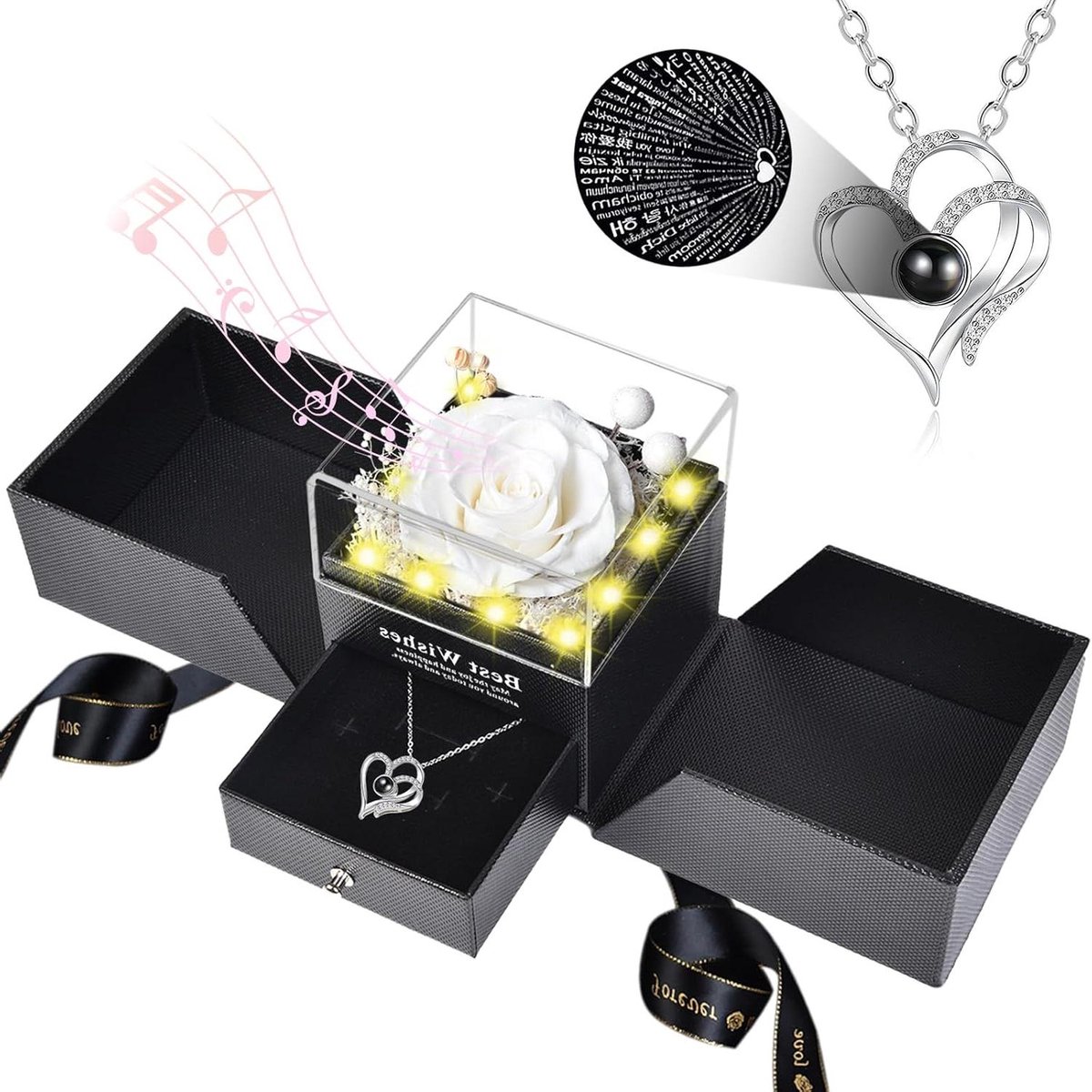 Bewaarde Rozen Geschenk - Echte Rozen - Romantisch Cadeau - 100 Talen Muziek - Hartvorm - Rood