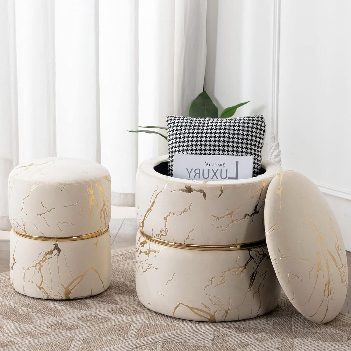 Opberg Poef Set - Ottomaan Kruk - Woonkamer Decoratie - Gestoffeerd Fluweel - 2 maten - Kaki
