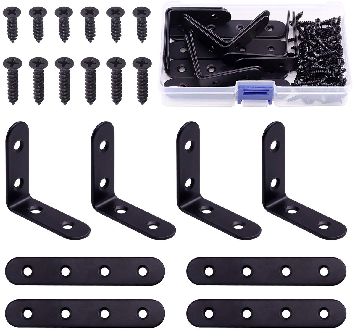 86 stuks zwarte roestvrijstalen hoekbeugelset, metalen L-hoekbeugels en platte rechte beugelbeugels planksteunbeugels verbindingsplaat met schroeven (50 x 50 x 2 mm, 100 x 2 mm)