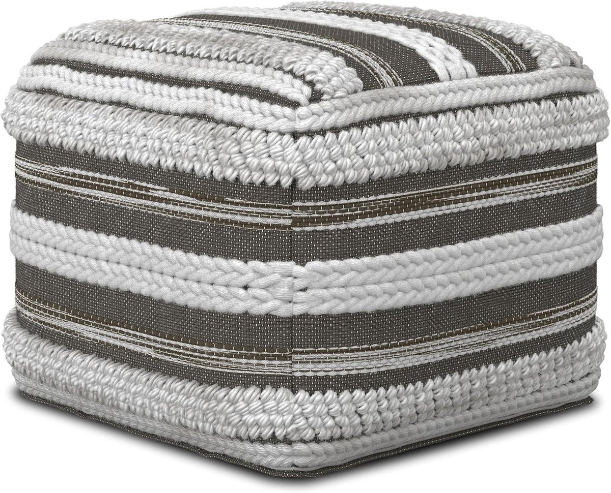 Voetenbankje Poef - Poef Hocker - Extra Zitplaats - Handgemaakt Geweven Patroon - 46 cm doorsnee - Naturel Taupe Grijs