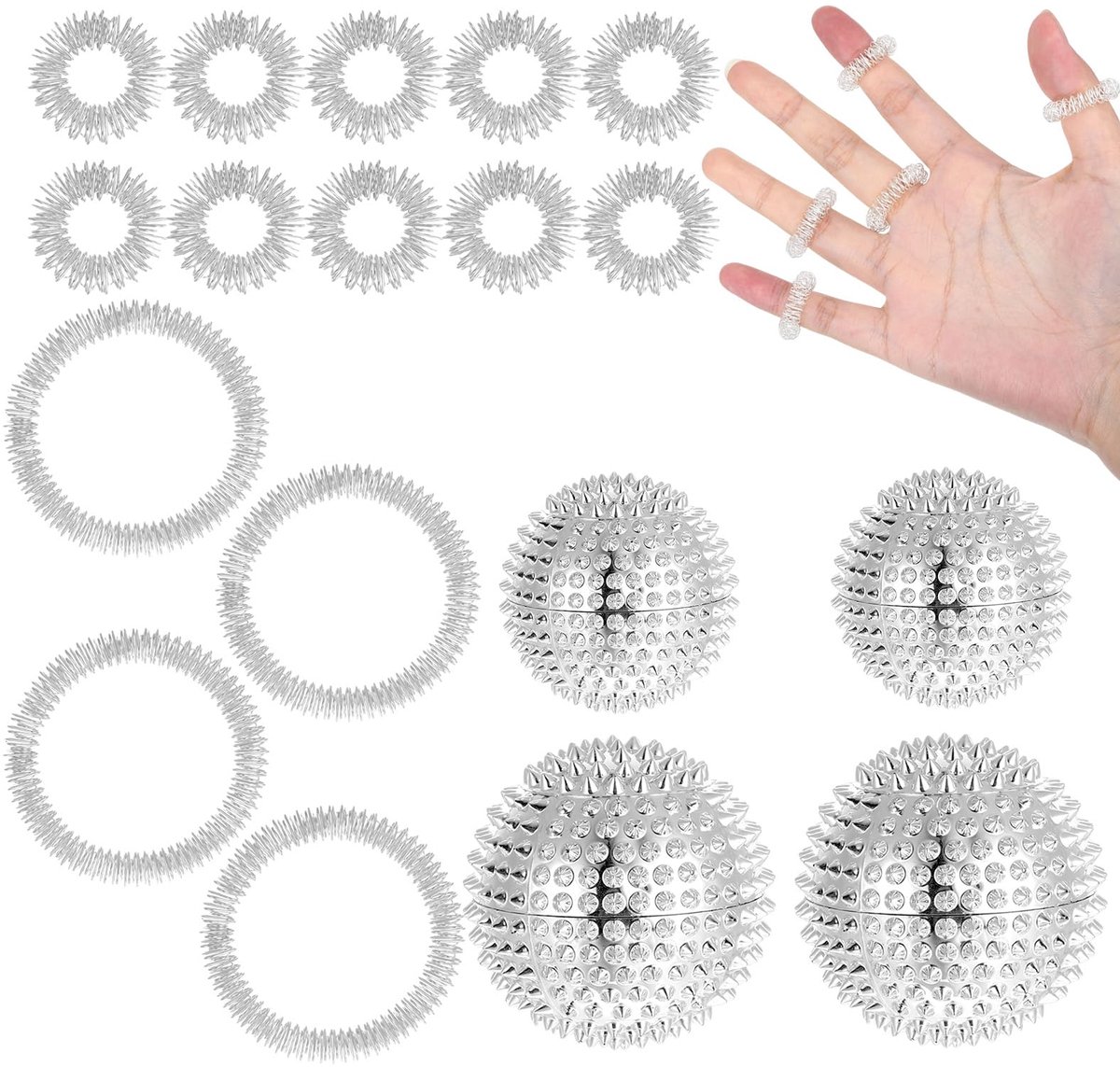 Borderline Set met 4 egelballen in 32 mm en 47 mm kogeldiameter, plus 10 acupressuurringen en 4 accupressuurarmbanden, massageballen kunnen worden gebruikt voor massage van rug, benen en handen
