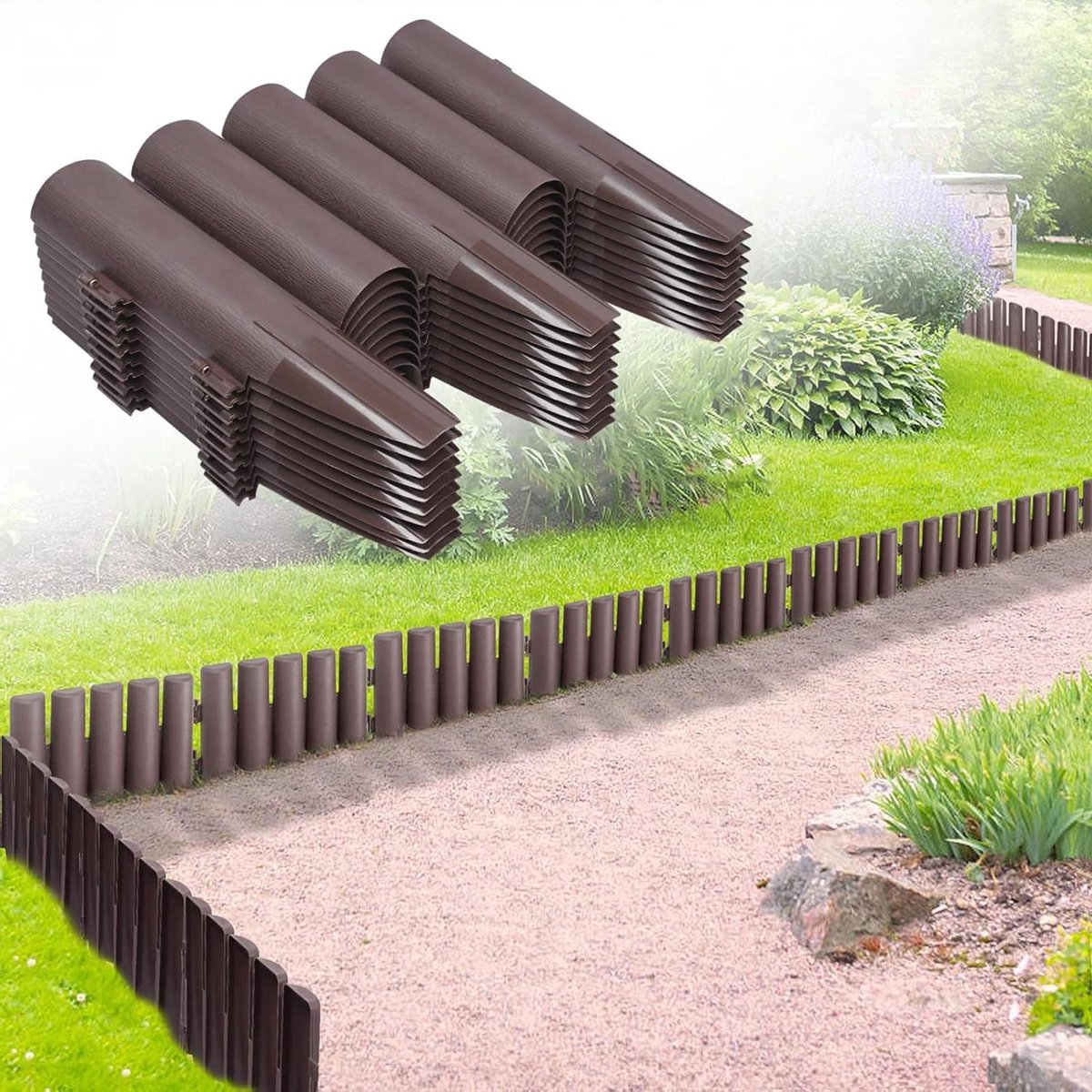 Kunststof Gazonrand - Tuinpalissade Perkrand - Tuin Ordenen - Imitatie Houtstructuur - 20 stuks 56 m - Bruin