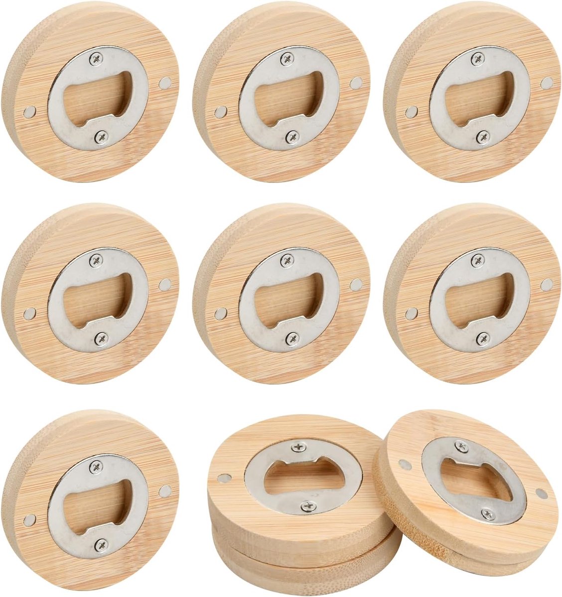 SnelShoppen - Set van 10 Ronde Houten Bierflesopeners - Magnetisch, RVS, 6.5 cm - Perfect voor Feest, Camping, Tuin en Keuken