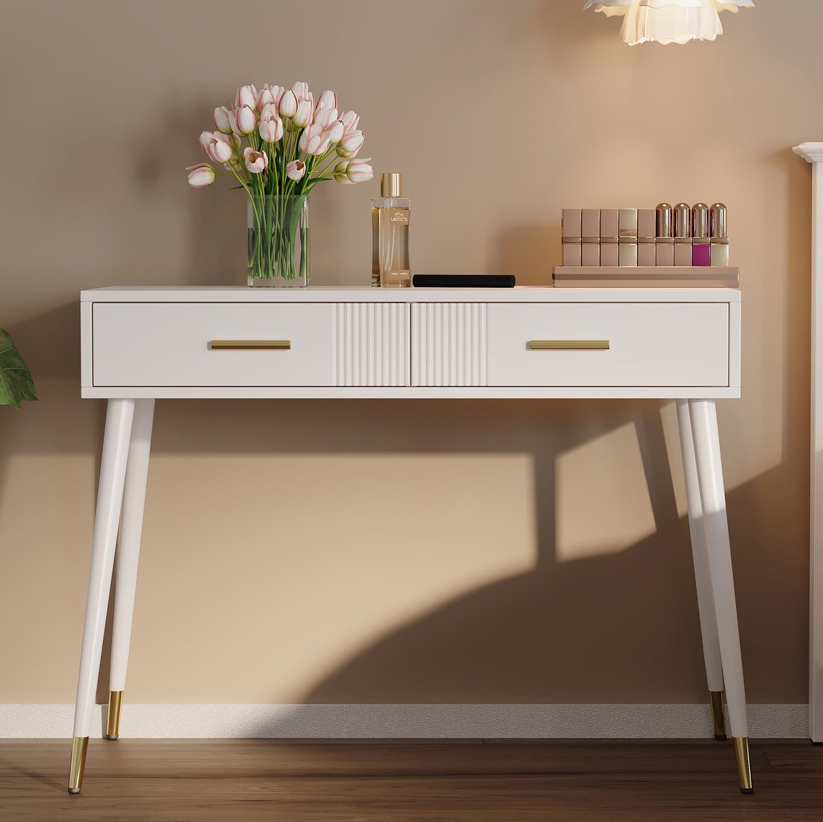 COVREO Kaptafel 100x40x76 cm - wit, 2 lades, metalen poten, zonder spiegel
