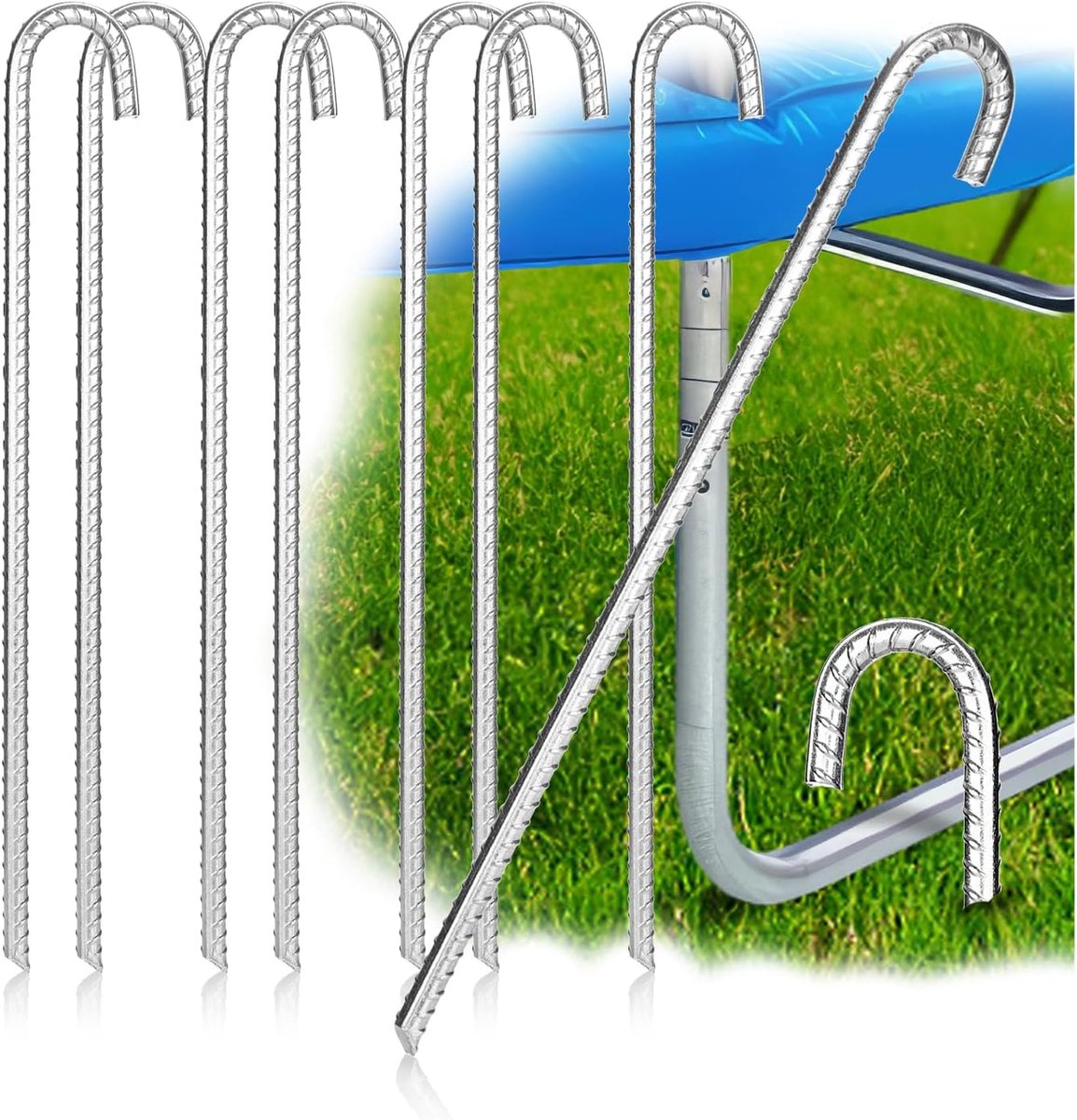 SnelShoppen - 8 x XL Grondankers van Solid Staal, J-vorm 42 cm, Ø 1 cm, Gegalvaniseerde Grondankers voor Tent, Paviljoen, Bouncy Castle, Trampoline, R
