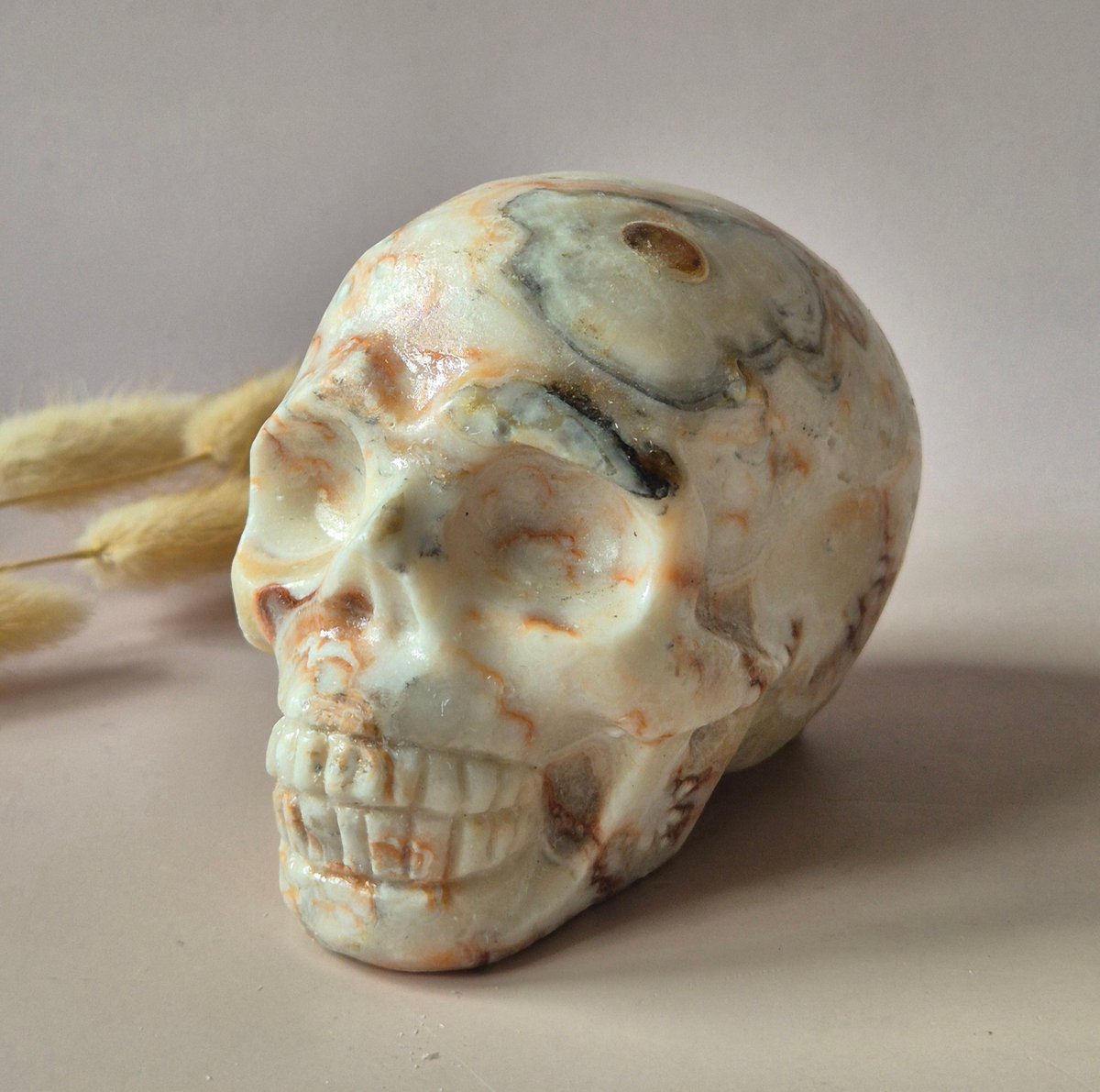 XXL Edelsteen Crazy Lace Agate Skull – 10–12 cm (699g)
