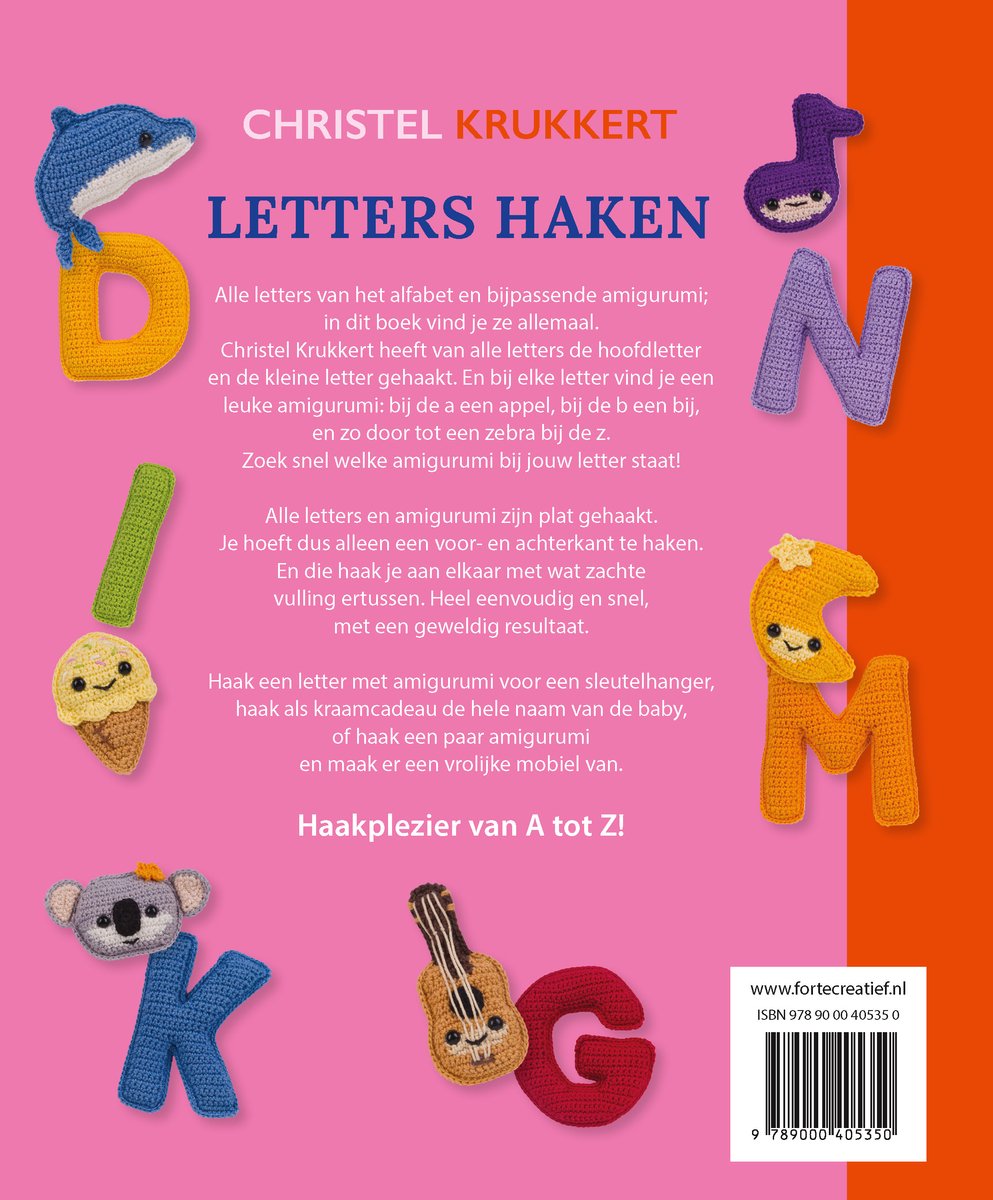 Boek met haakpatronen voor letters en amigurumi. Bevat een dolfijn, ijsje, koala, gitaar en letters D, K, G.