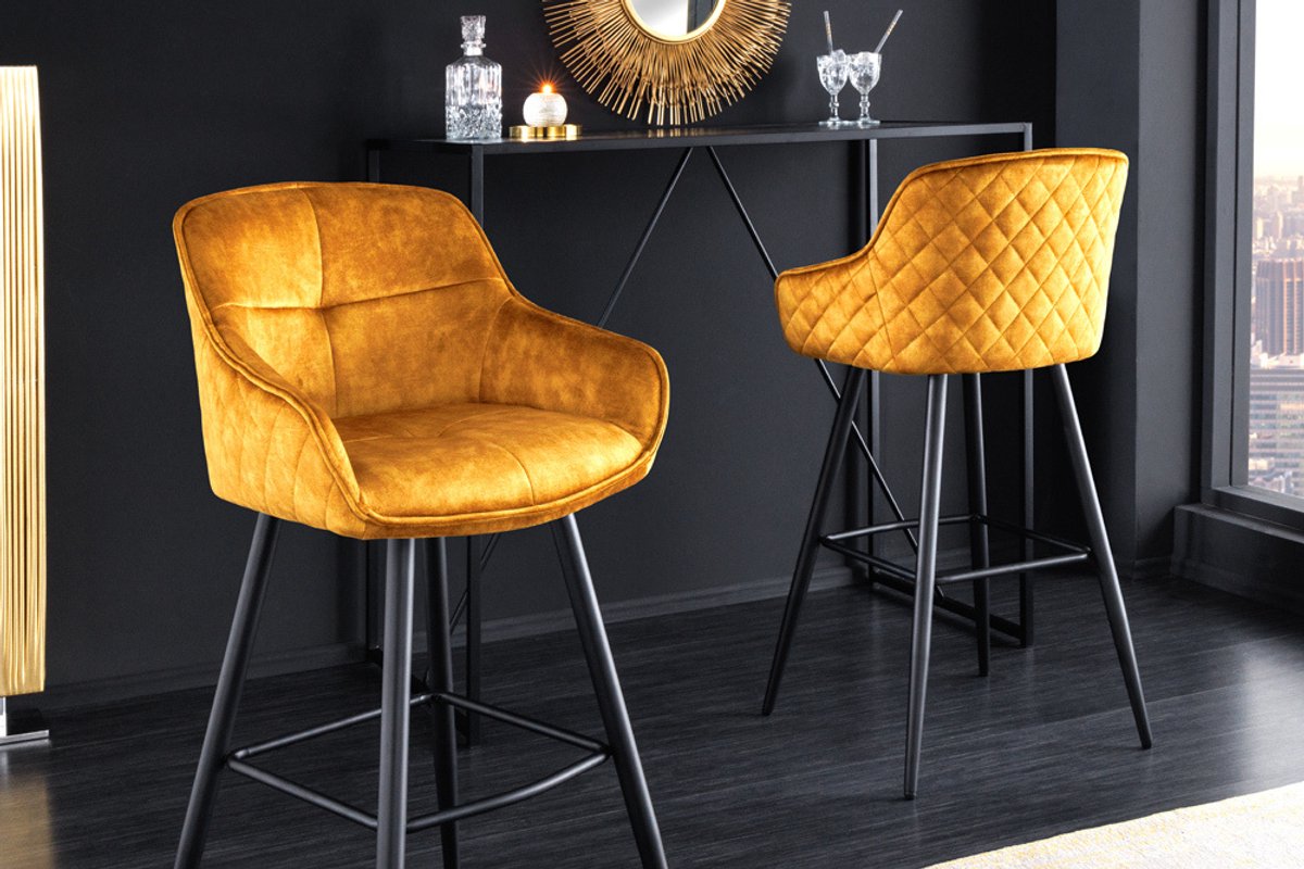 Design barkruk EUPHORIA mosterdgeel fluweel zwart metalen poten barstoel met rugleuning - 43687