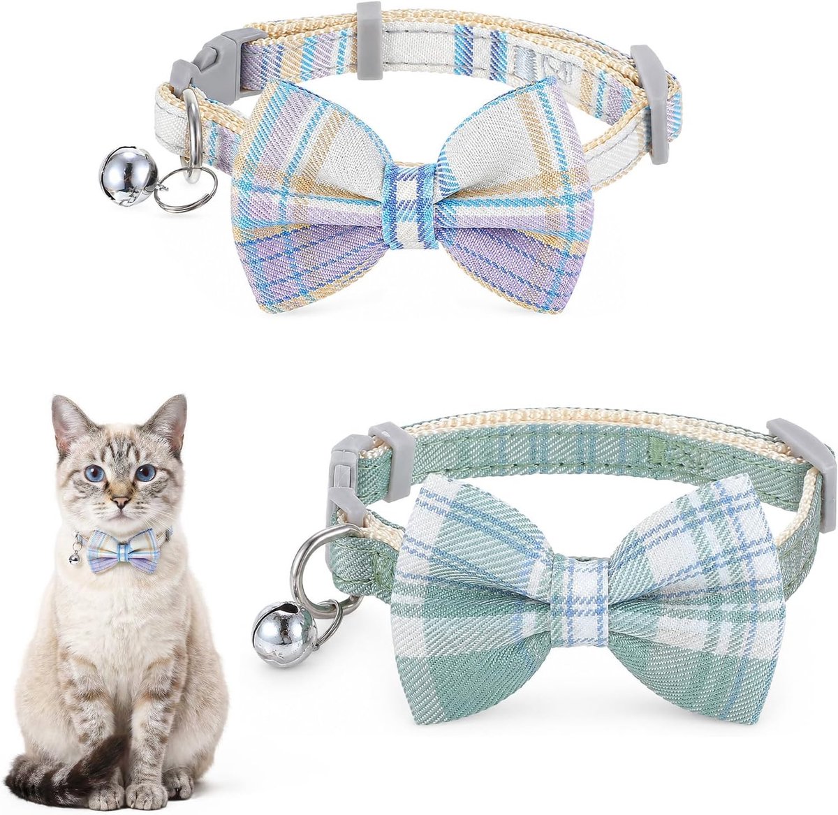 Kattenhalsband met belletje en vlinderdas voor kleine katten, verstelbaar 21-29 cm, blauwgroen, veilig en comfortabel