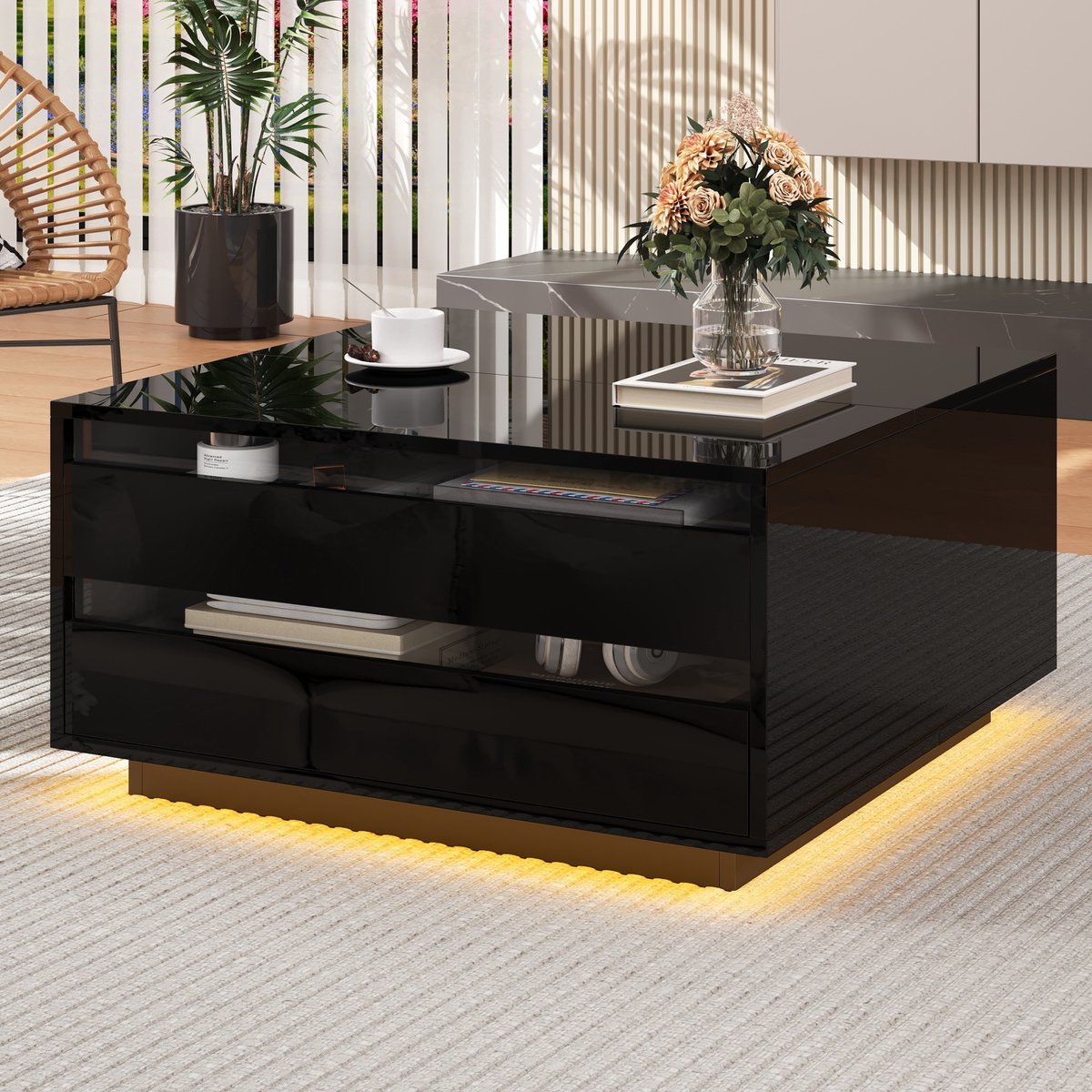 COVREO Salontafel 70 x 70 x 38 cm - hoogglans zwart, opklapbaar, met lade en LED Black