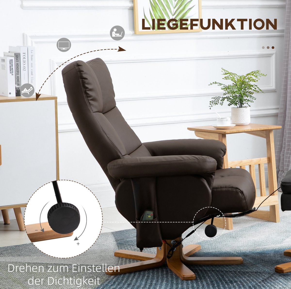 COVREO Massagestoel 80x86x99 cm – bruin kunstleer, met hocker en 145° verstelbare rugleuning – foto 4