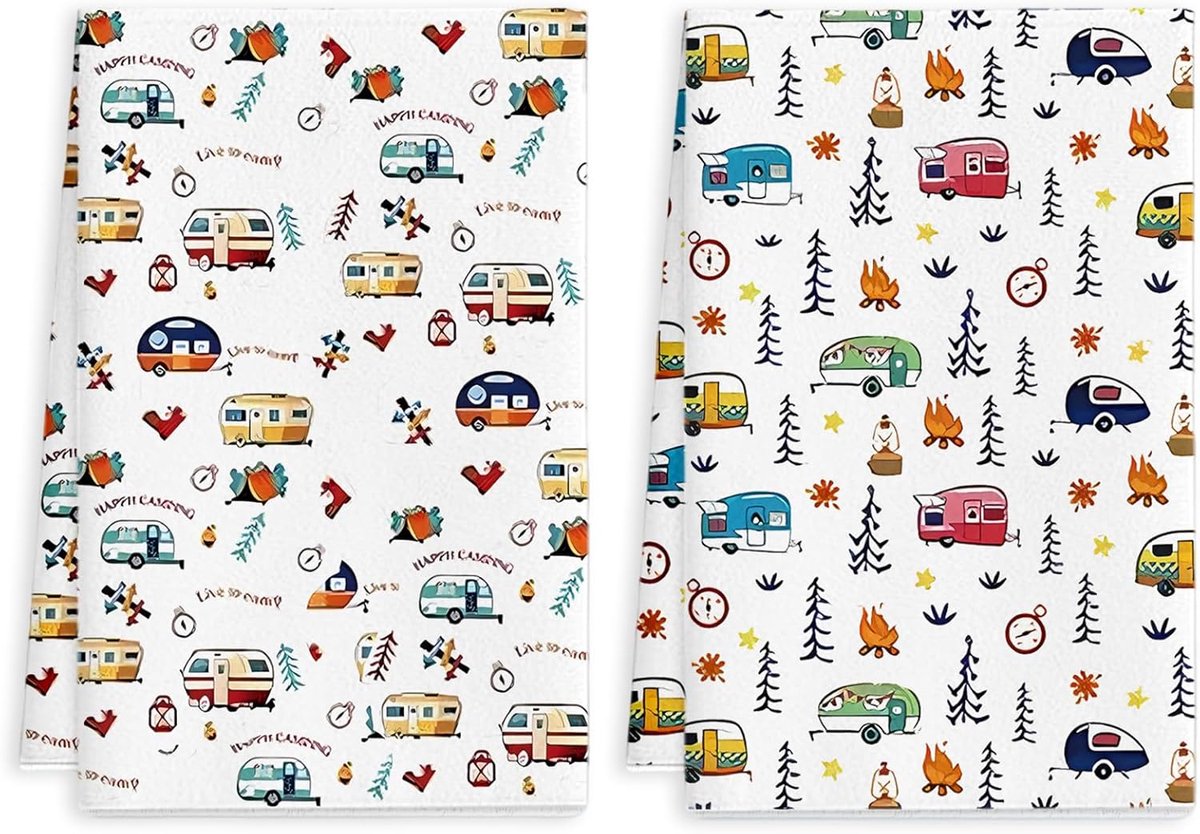 SnelShoppen - 2x Absorberende Polyester Keukenhanddoeken met Boom & Kampvuur Motief - Zachte Huishouddoeken voor Buiten, 45x66cm - Perfect voor Campin