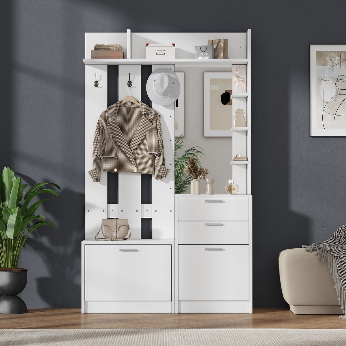 Kapstok - kledingrek - schoenenbank - kledingkast - 2 lades - 2 uitklapbare schoenenkastjes - 3 haken - een glazen spiegel - daarnaast drie planken - hal - slaapkamer - woonkamer - wit - 110x34x185cm