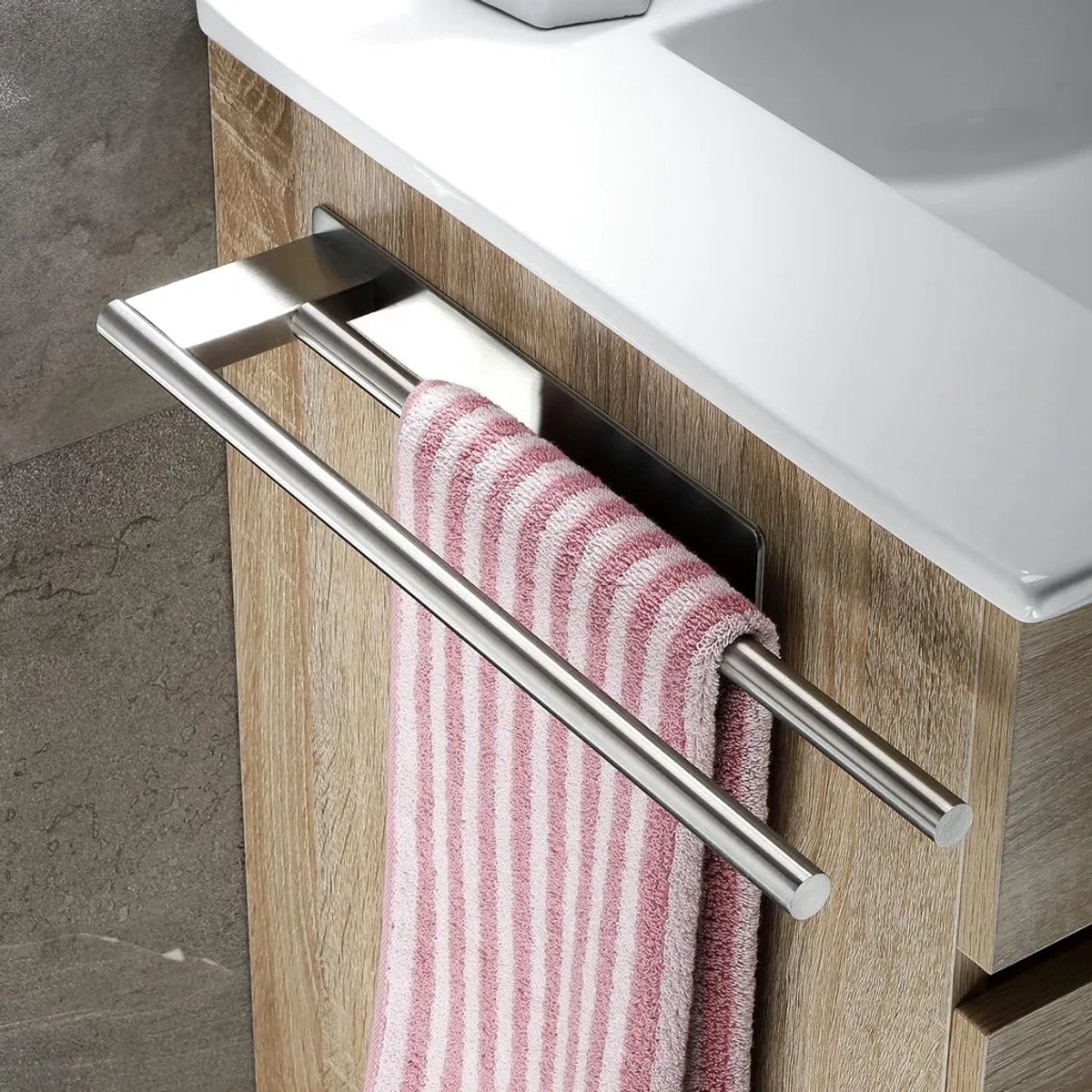 Handdoekenrek voor de badkamer, zelfklevend, dubbellaags, roestvrij staal, wandmontage, boren niet nodig; handdoekenrek voor de keuken, zilverkleurig.