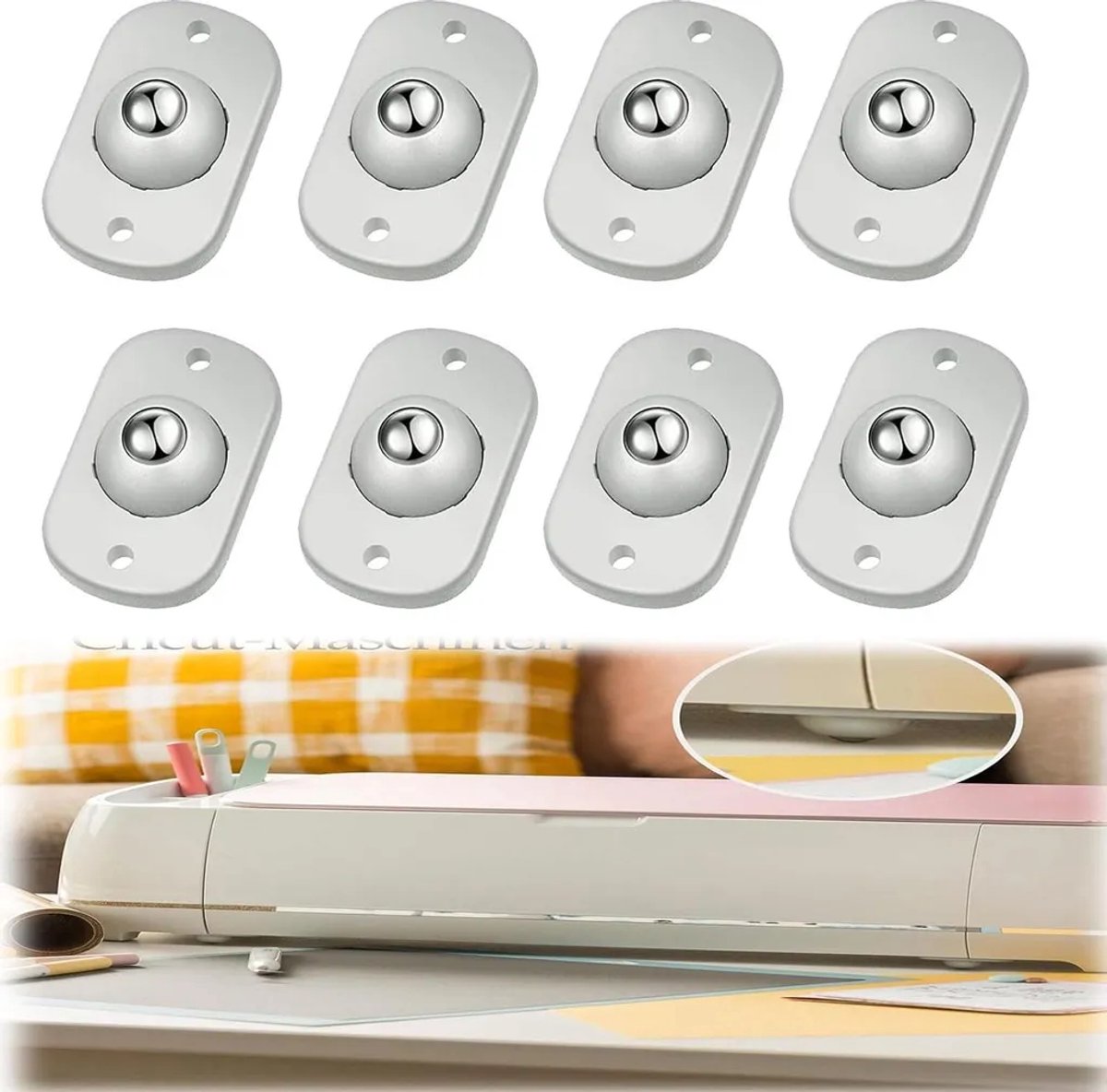 Zelfklevende mini-wieltjes, 8 stuks, 360° draaibare kogelwieltjes, geschikt voor keukenapparatuur, meubels en kleine huishoudelijke apparaten, zelfklevende wieltjes, prullenbak (wit)