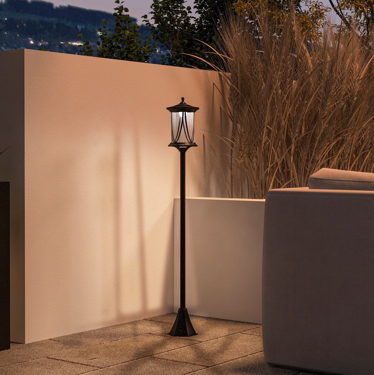 OKWISH Padverlichting - Solar Tuinlantaarn Met Koud Wit LED Licht En Lichtsensor - Voor Tuinpad En Buitenruimte - ABS Zwart - 17x17x127 cm