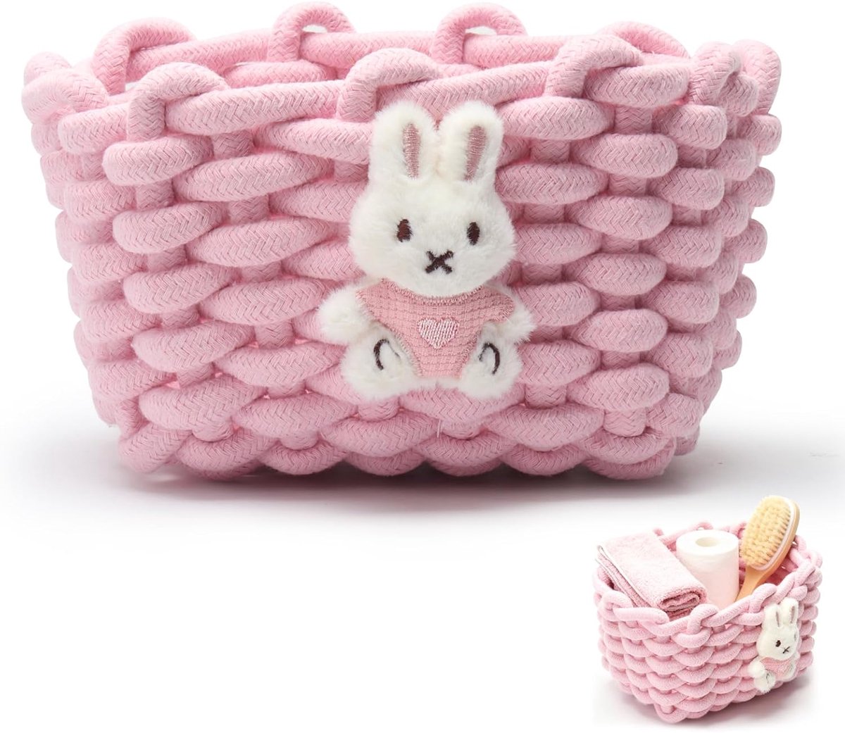 Gevlochten Katoenen Opbergmand met Berenmotief - Roze - Decoratieve Opbergbox voor Badkamer, Bureau en Keuken - Handgeweven Organizer voor Babykamer - Compact en Duurzaam
