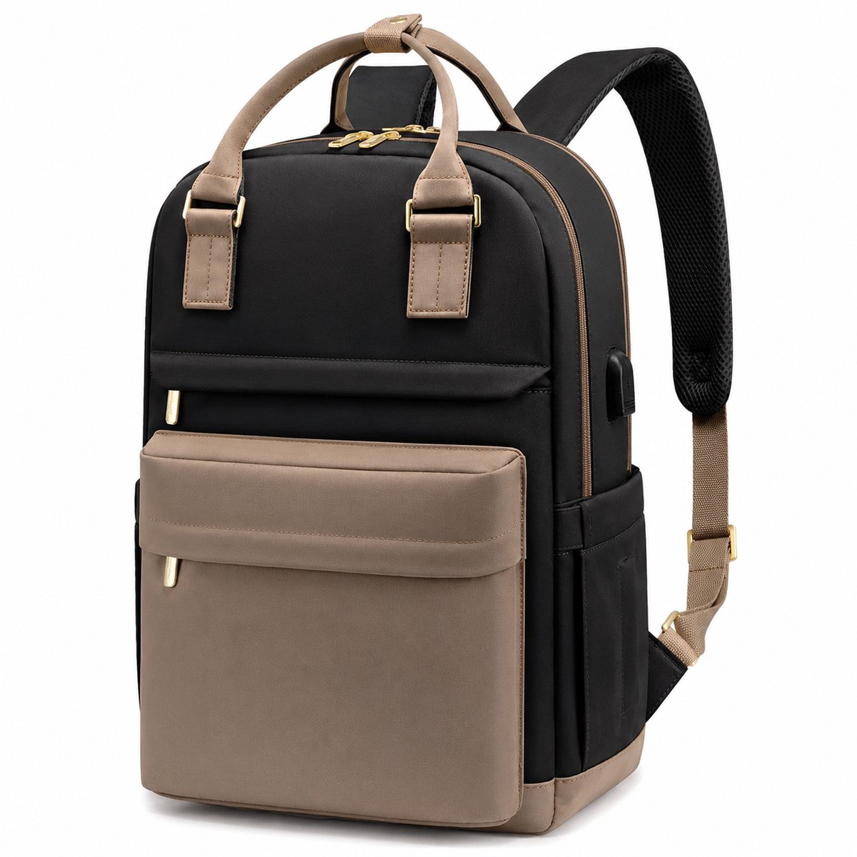 Laptop Rugzak Dames 15.6 Inch - Luxe Schooltas en Werk Rugtas met USB Oplaadpoort - Waterafstotende Anti-diefstal Reisrugzak - Khaki en zwart