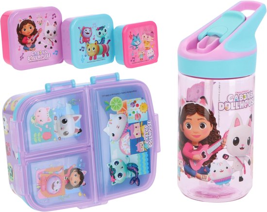 Gabby's Dollhouse lunchset: een paarse lunchbox met drie vakken en een roze drinkfles.