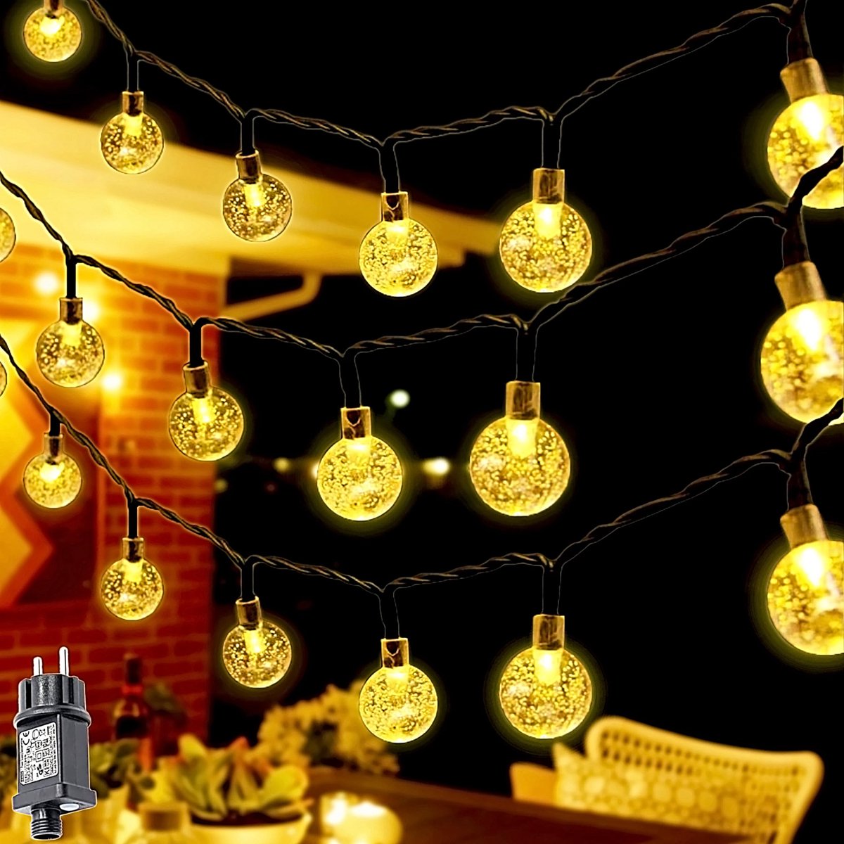 SnelShoppen - Lichtsnoer voor buiten 20m met 200 LED's, waterdicht, 8 modi, timer, kristallen bollen, voor tuin, balkon, bruiloft, feest, binnen en bu