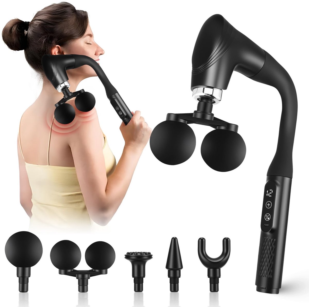 SnelShoppen - Massagepistool met dubbele kop, 12 snelheden, geluidsarm (36 dB), met 5 opzetstukken, LCD-display, U-handgreep, ideaal voor rug, nek, be
