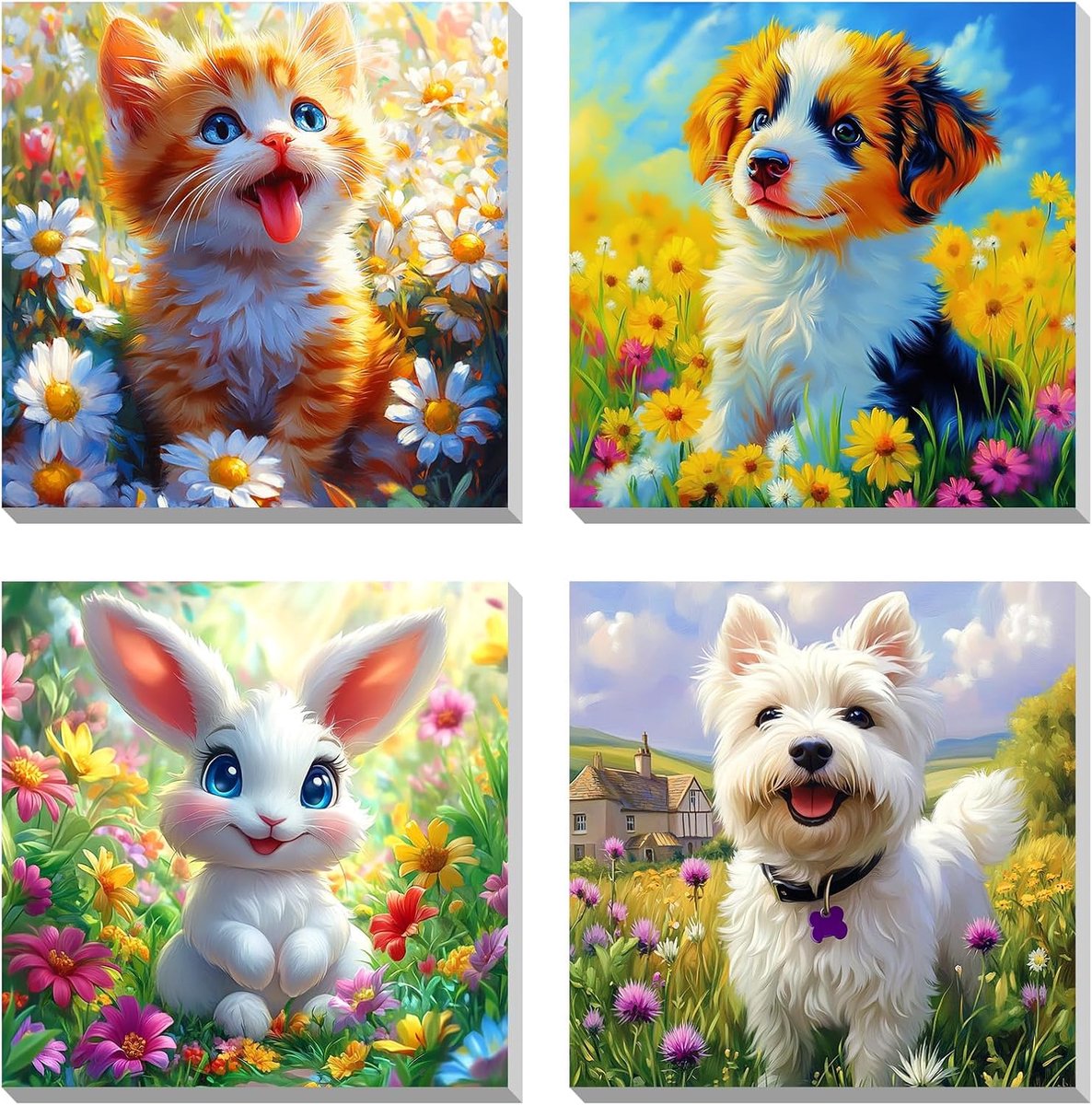 SnelShoppen - Set van 4 Verven op Nummer voor Volwassenen en Kinderen - Schilderen op Nummer met Schattige Dieren - Ingelijste Canvas Doeken 8x8 Inch
