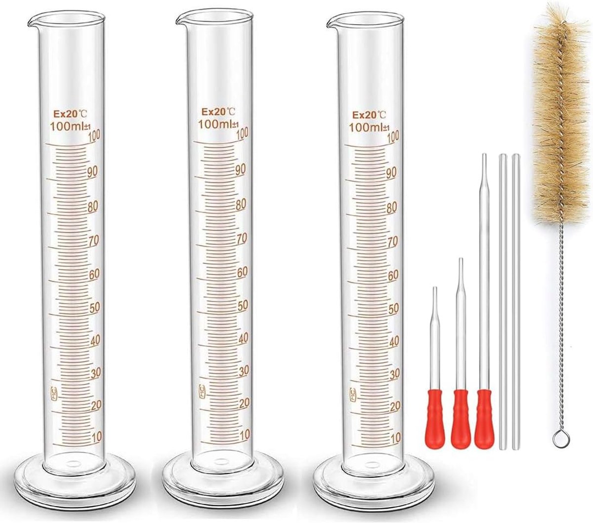 SnelShoppen - Glass Graduated Cylinder 100ml, 3-Pack Borosilicate Laboratorium Maatcilinders met Pipetten, Roerstaafjes en Reinigingsborstel voor Chem